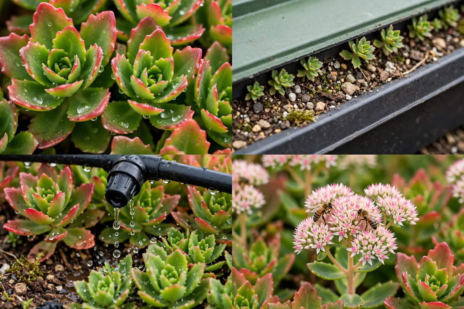 Close-up detail collage of a sedum blanket green roof showing leaf textures, roof tray edge, drip irrigation and bees on sedum flowers