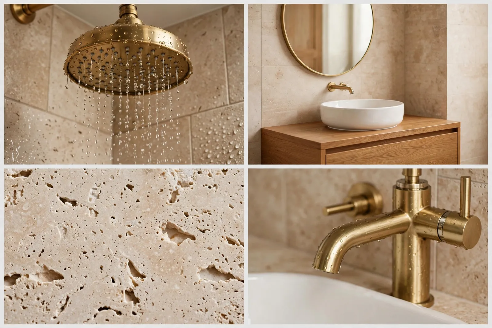 Four-panel collage of warm oak and travertine bathroom details: rainfall showerhead, oak vanity with round mirror, travertine tile texture and brass faucet