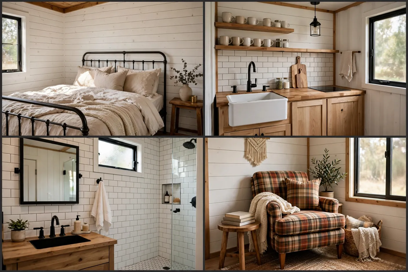 Four interior views of a modern farmhouse container guest house: bedroom, kitchenette, bathroom and reading nook
