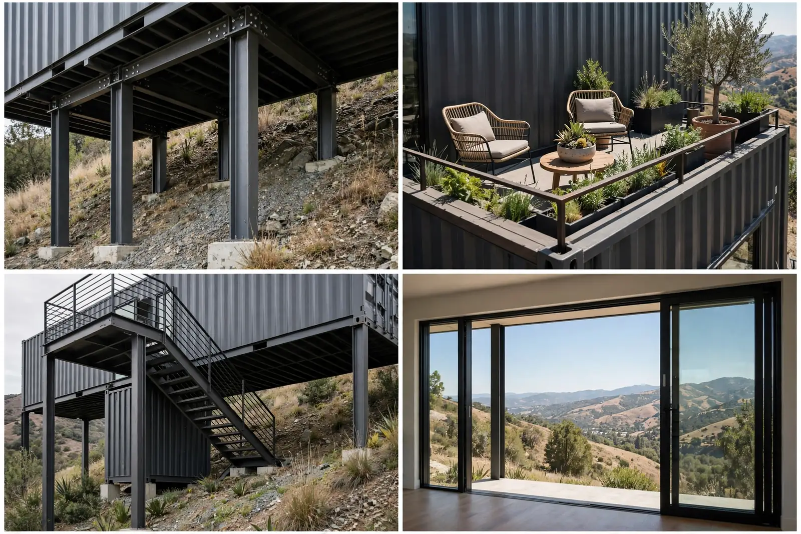Four detail views of the Stepped Terrace House: stepped support columns, rooftop terrace seating, connecting staircase, and sliding glass windows.