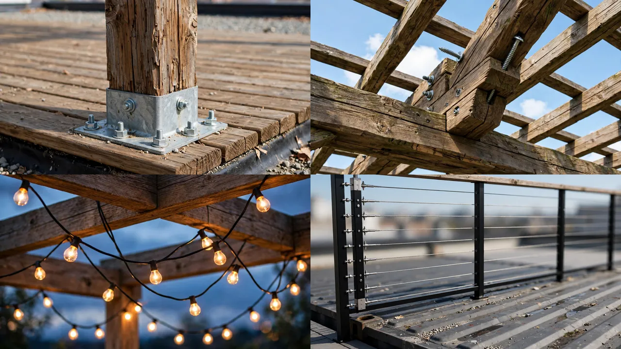 Close-up details of pergola posts, timber joints, string lights, and cable railing on a rooftop deck