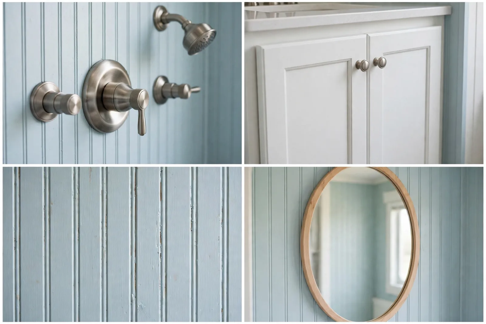 Detail collage: nickel shower fixtures, shaker vanity hardware, blue beadboard texture, oval mirror