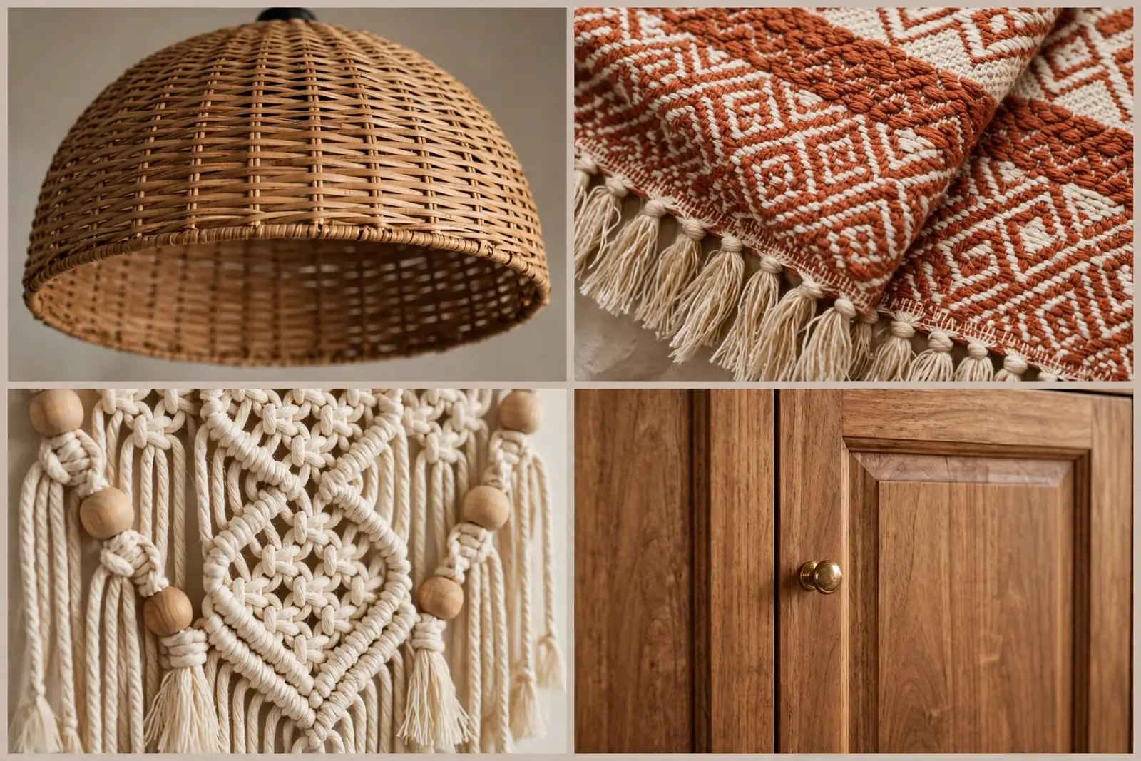 Four close-up detail shots in a 2x2 grid: a woven rattan dome pendant shade, terracotta-and-cream geometric woven textile with fringe, a cream macrame wall hanging with wooden beads, and a warm wood cabinet door with a small brass knob.