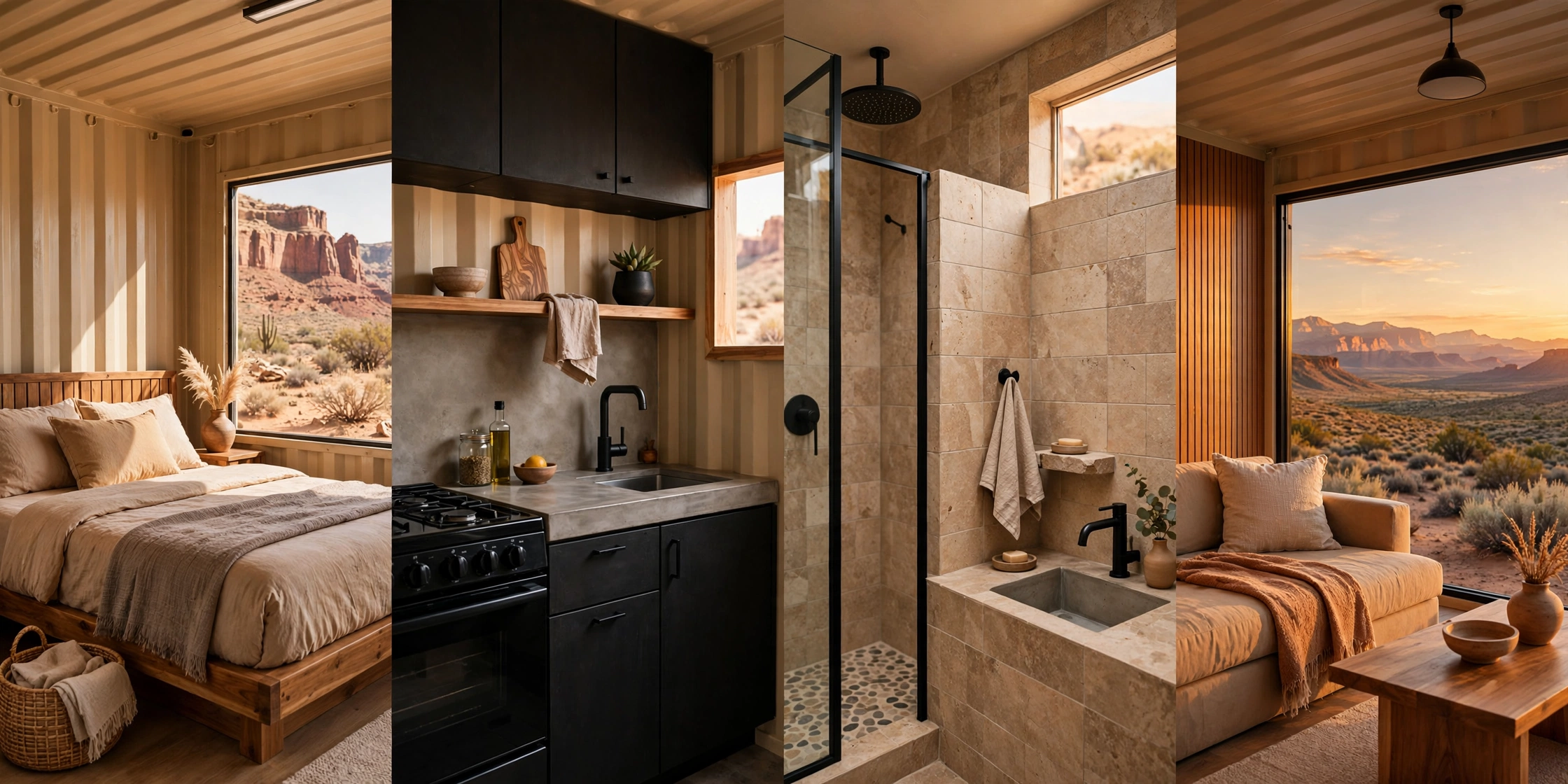 Interior collage of the desert slope cabin: sand-toned bedroom, concrete-counter kitchen, stone bathroom, and living area facing the valley