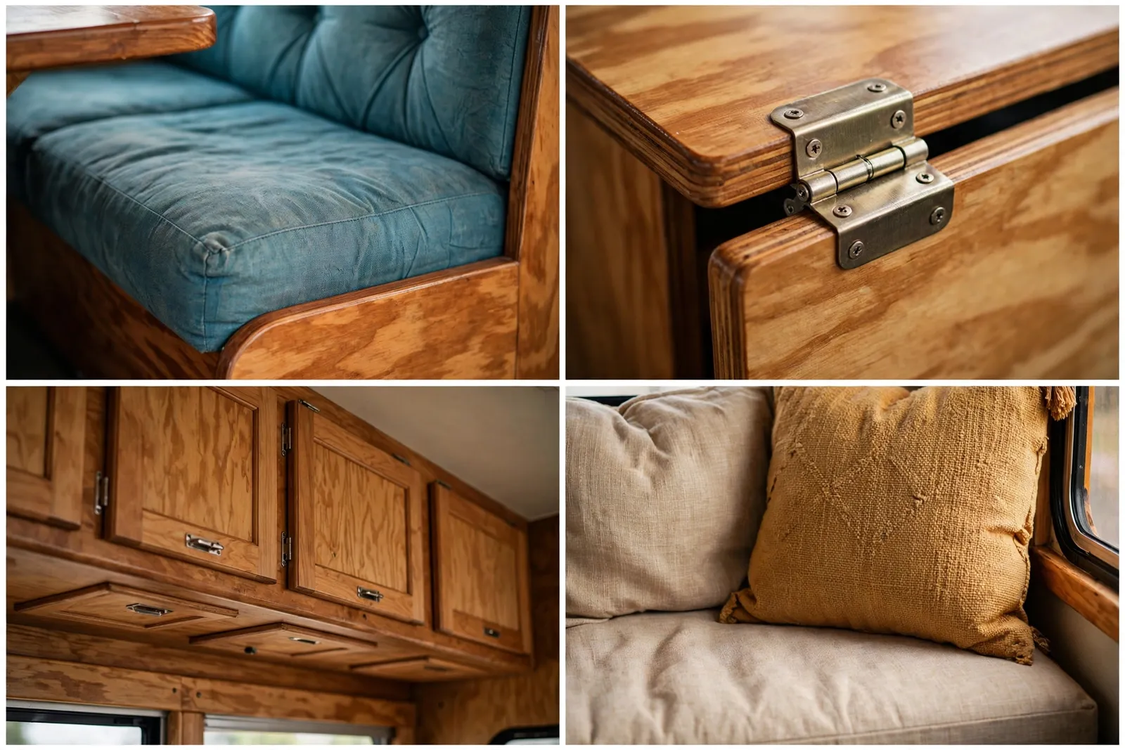 Dining booth details in a skoolie: cushions, drop-leaf table, overhead storage