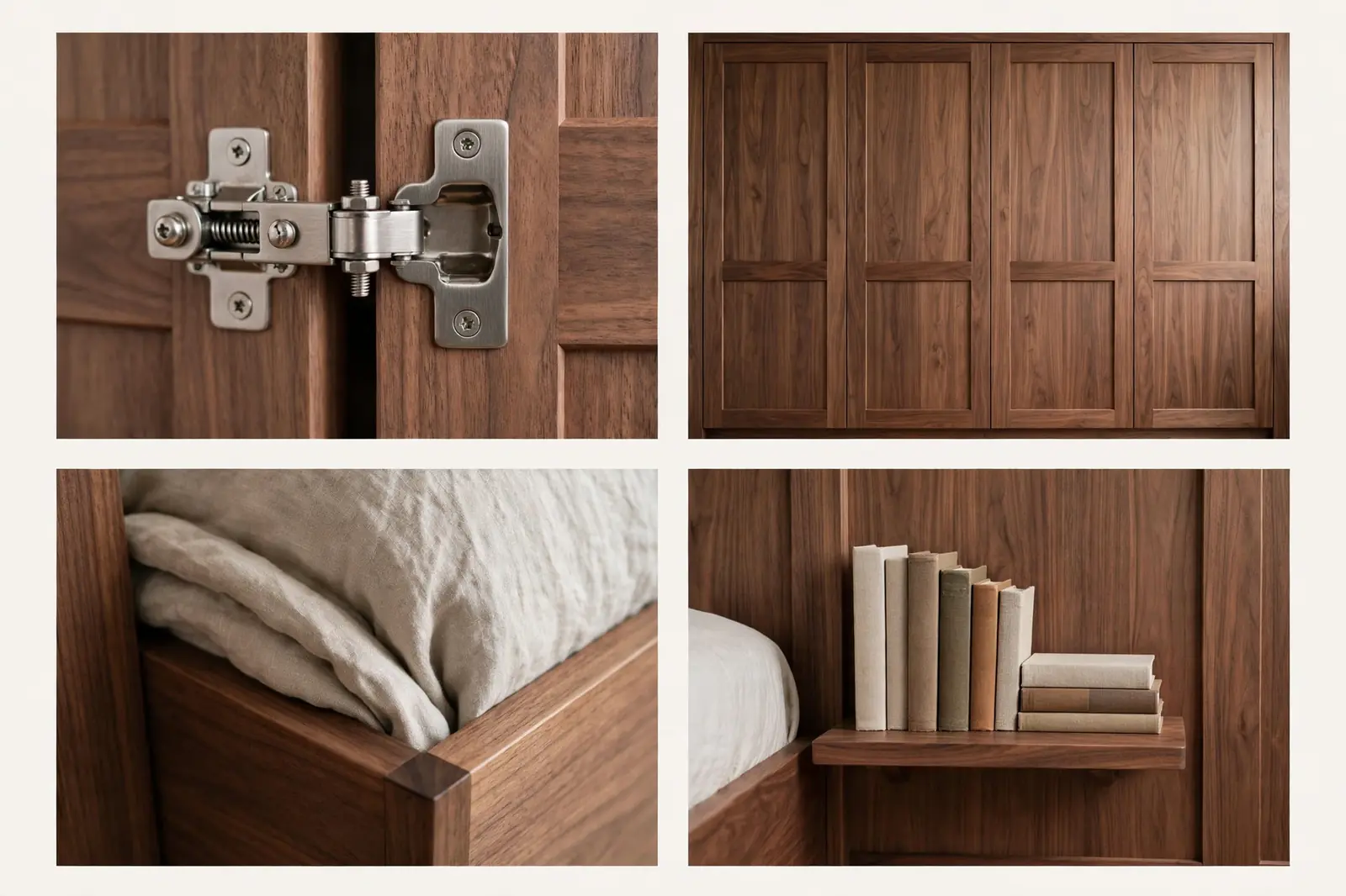 Four-panel collage showing murphy bed hinge, folded cabinet front, bedding detail, and side shelf of the murphy bed