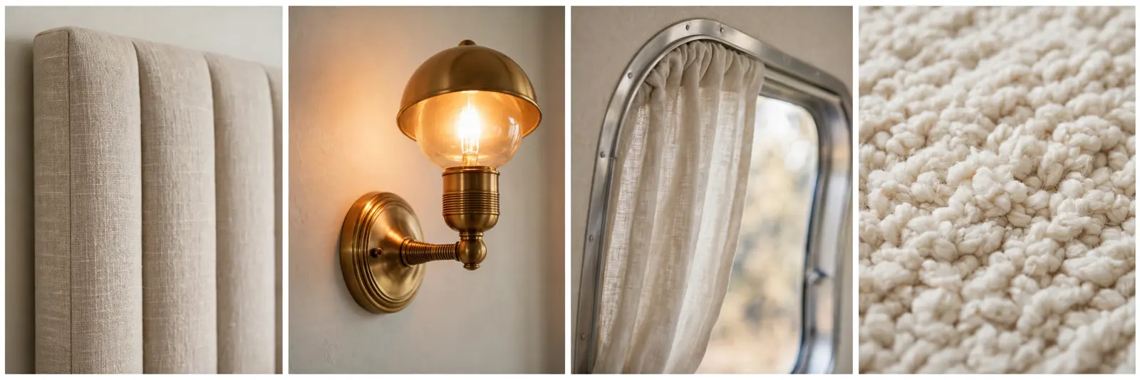 Four detail panels: oatmeal linen headboard, brass wall sconce, linen curtains at curved window, cream textured rug