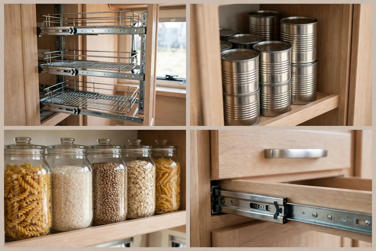 Detail collage: pull-out pantry tower rails, stacked cans, clear jars of dry goods, tower handle and runners
