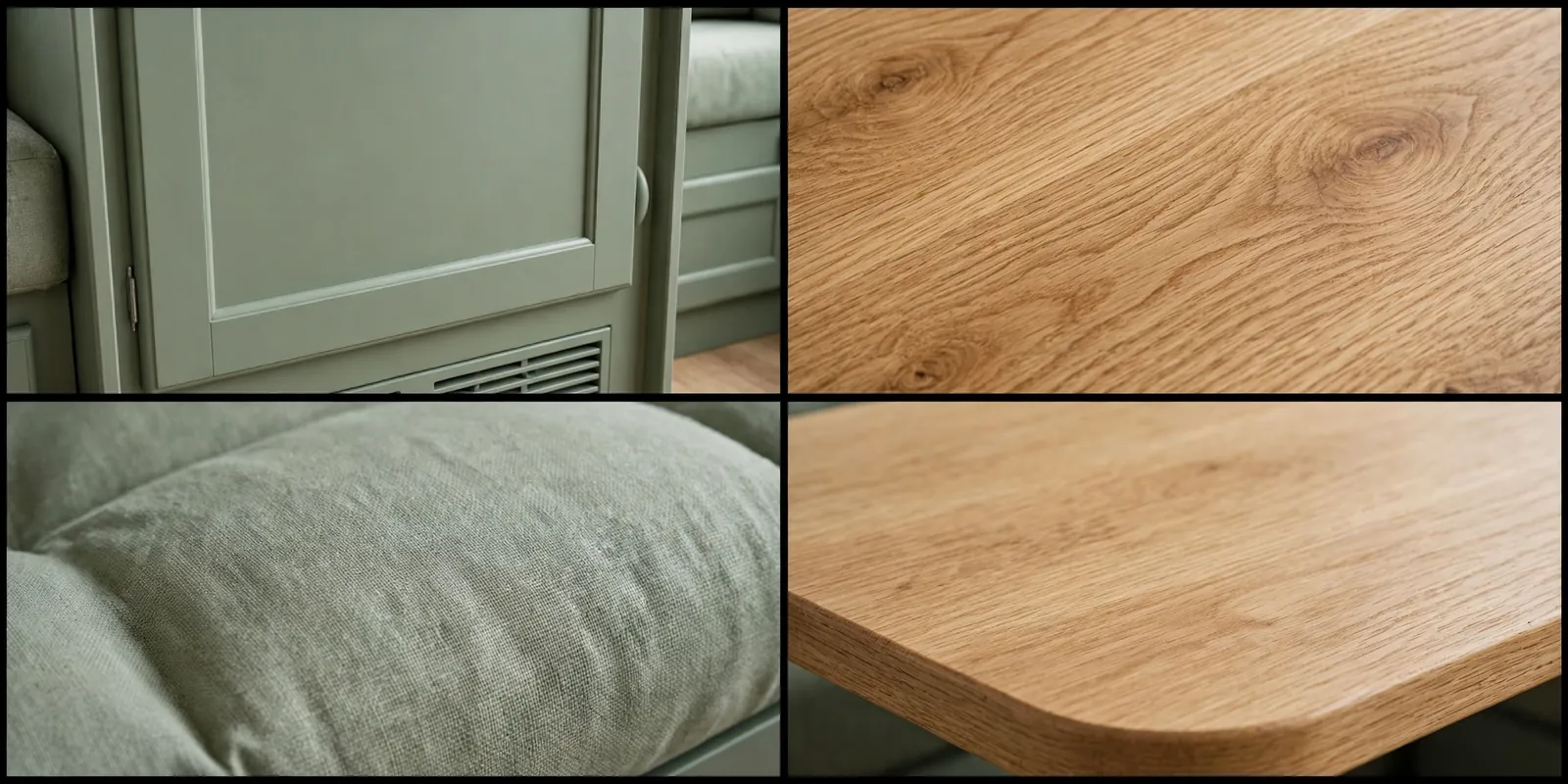 Sage green and natural oak motorhome detail collage