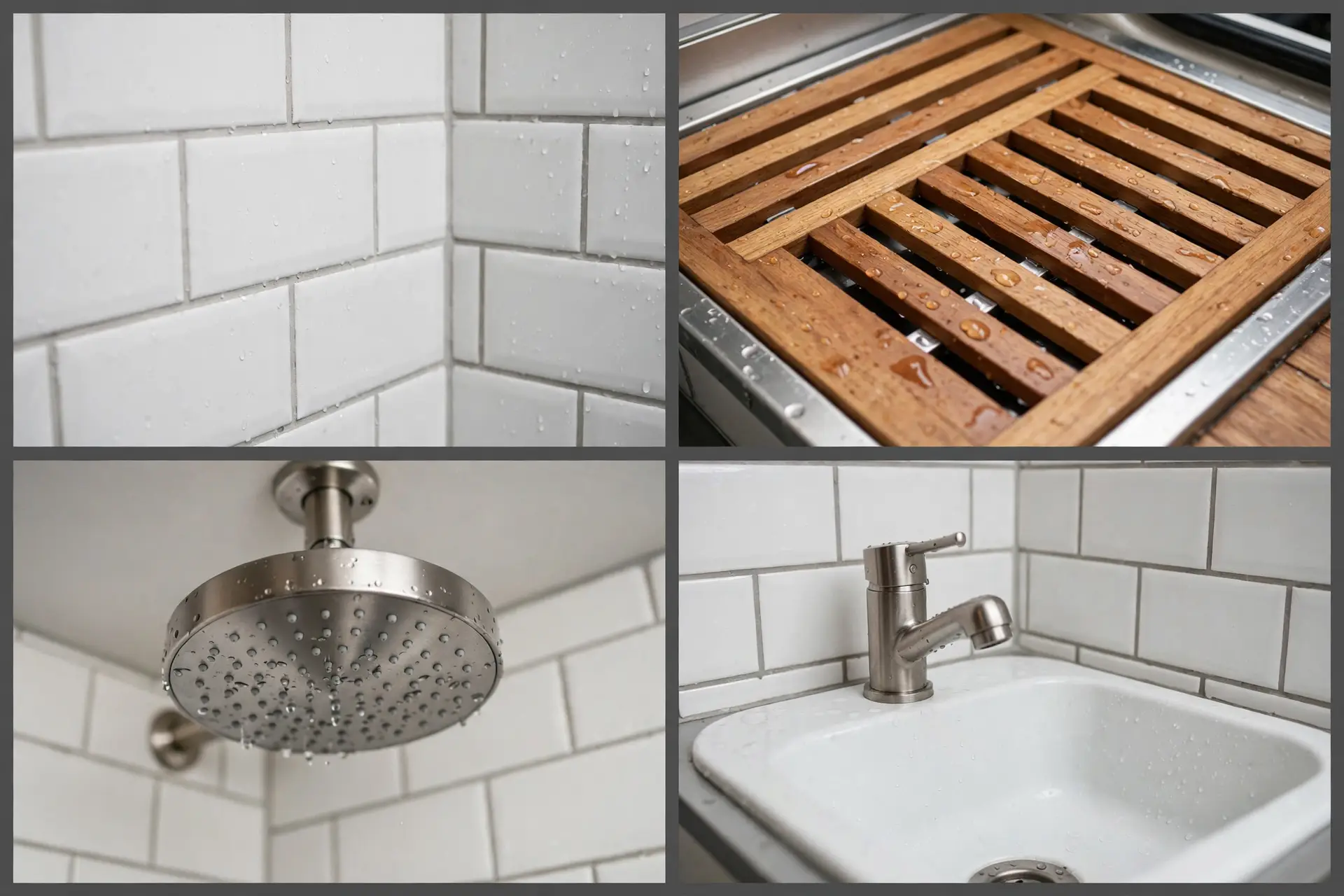Close-up details of a subway tile camper van wet bath: tile, teak grate, rainfall shower head and sink faucet