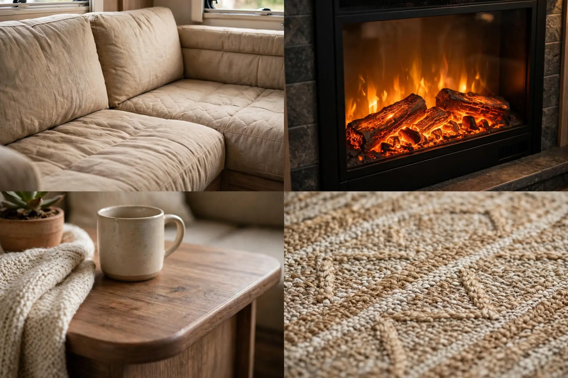 Close-up details of the RV L-shaped sofa lounge: sofa cushions, fireplace glow, coffee table and rug