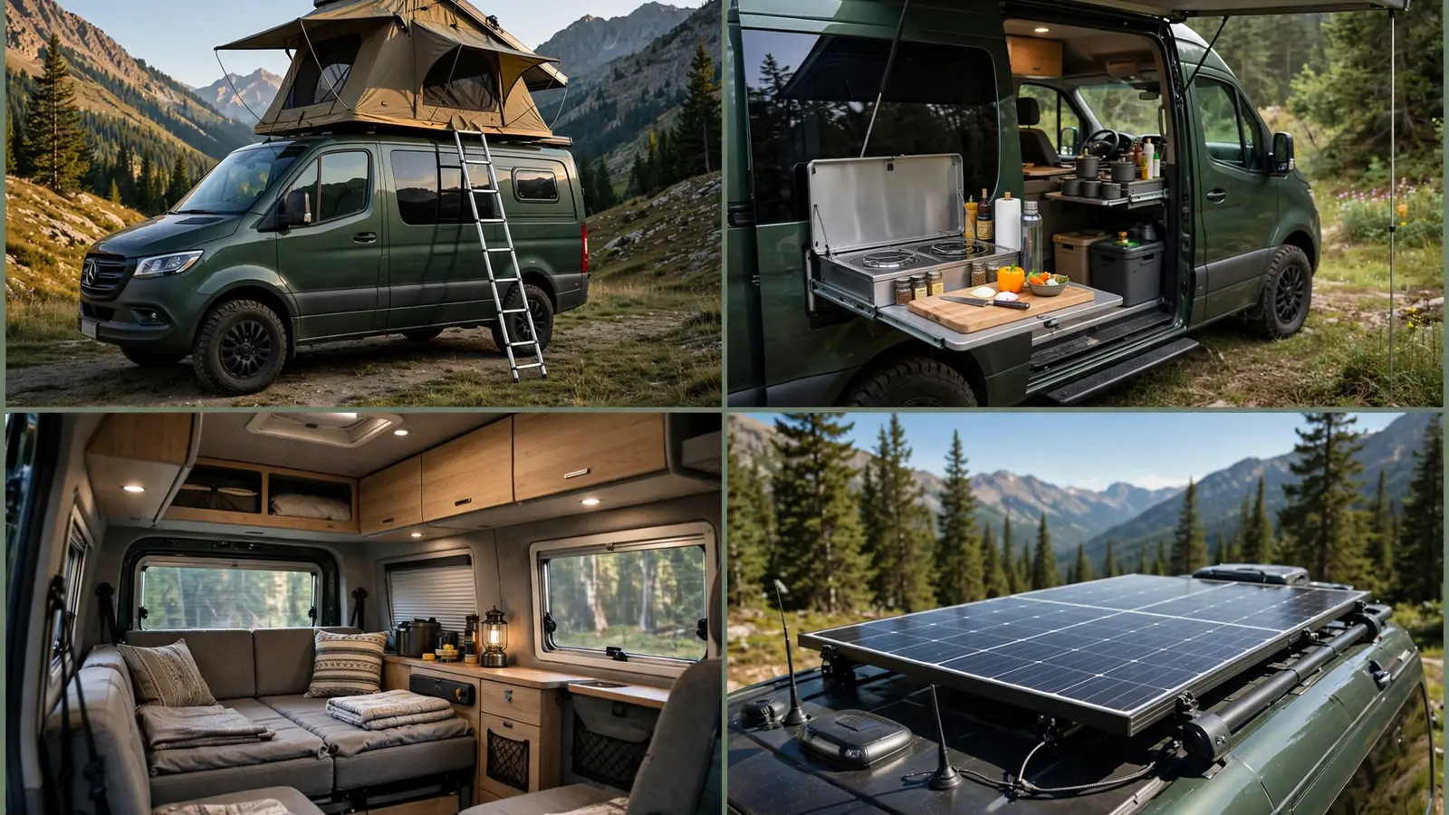 Four-panel detail collage of the Timberline Transit showing roof tent, camp kitchen, interior seating and solar panel