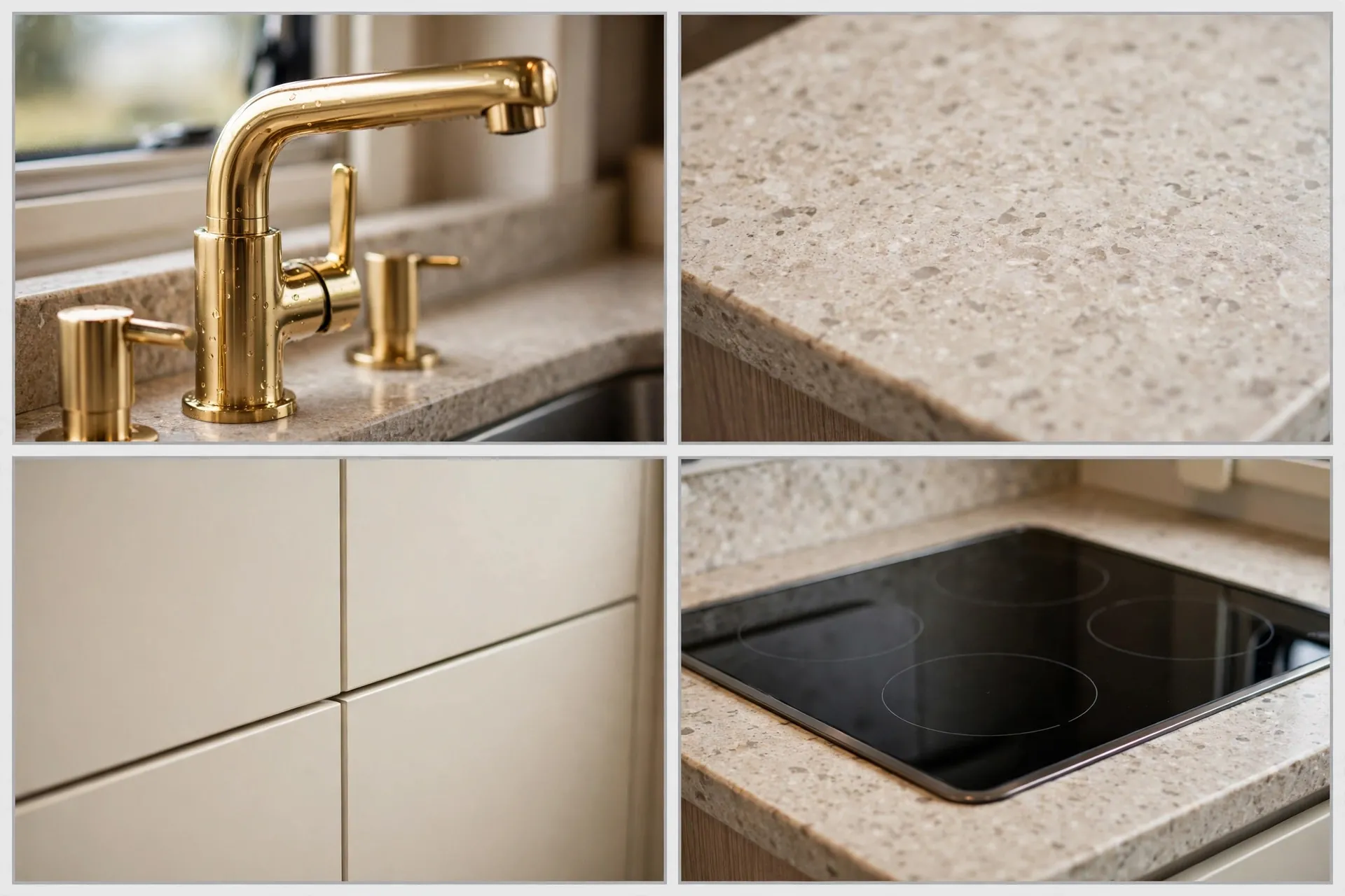 Detail collage of gold faucet, stone countertop, cream cabinets and induction cooktop in a motorhome kitchen