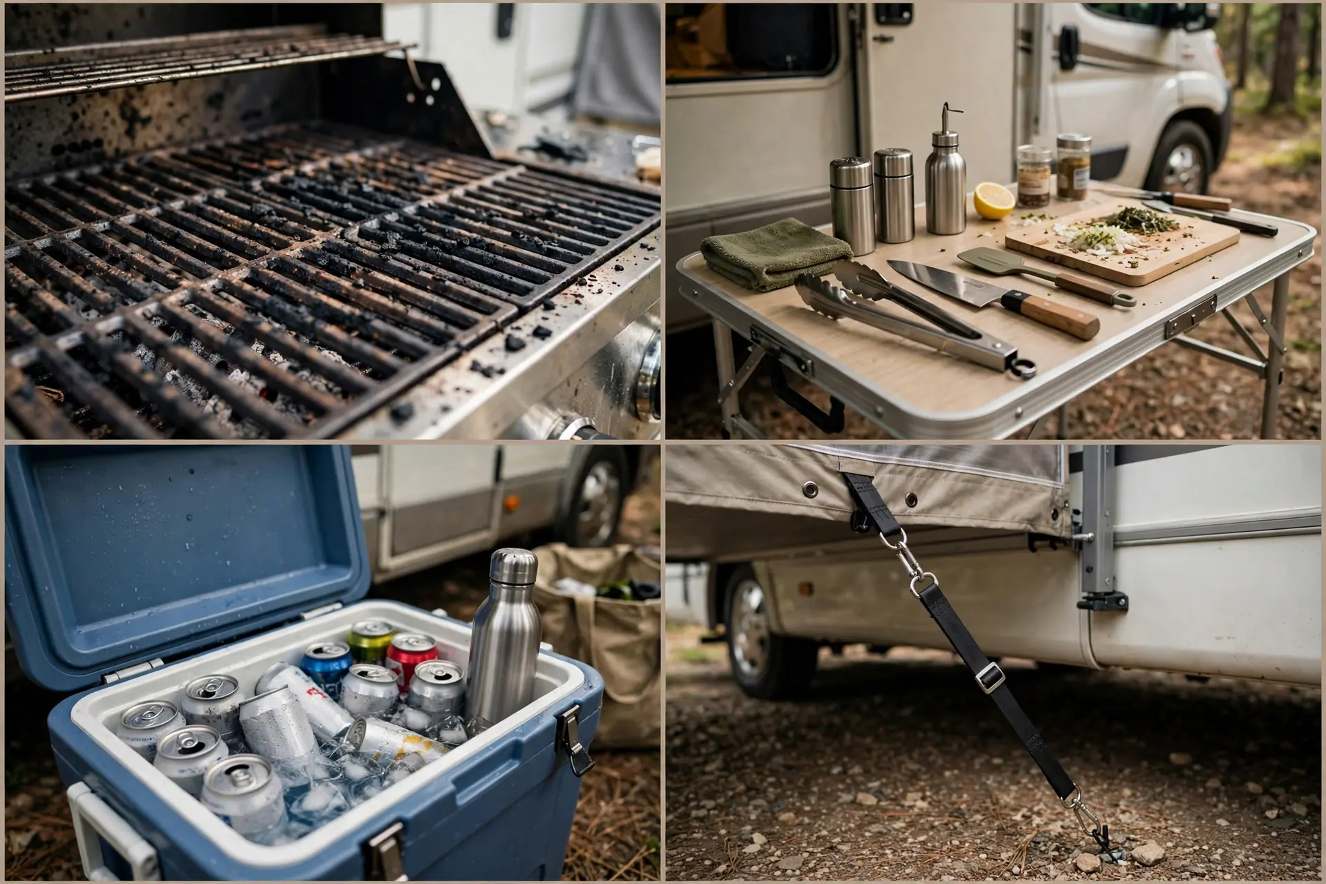 Detail collage of the awning grill station: grill, prep tools, cooler, awning detail