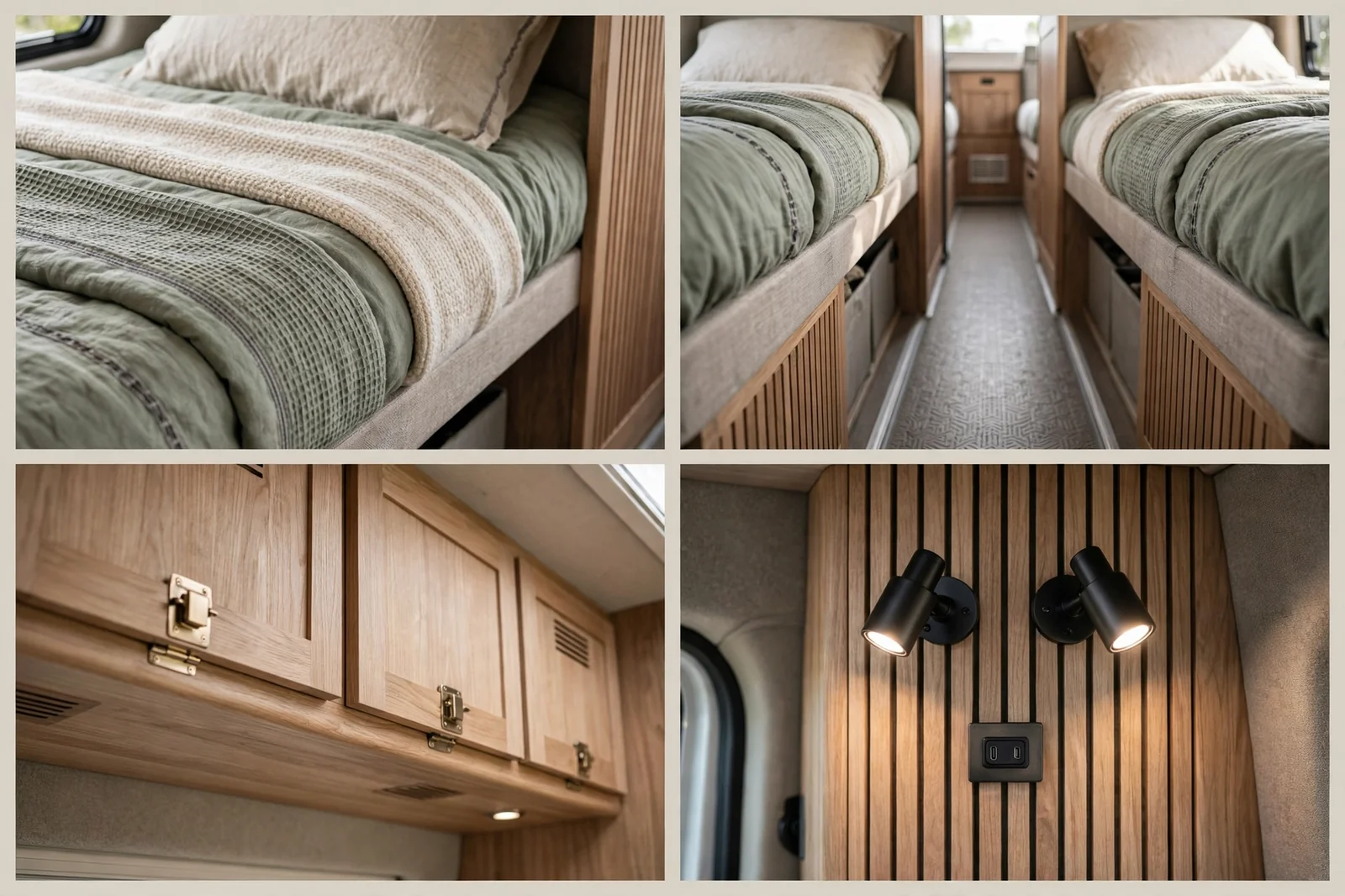 Four-panel detail collage of the fixed longitudinal twin beds showing layered bedding, the centre aisle with under-bed storage, overhead cabinets, and black reading lights on slatted wood panelling
