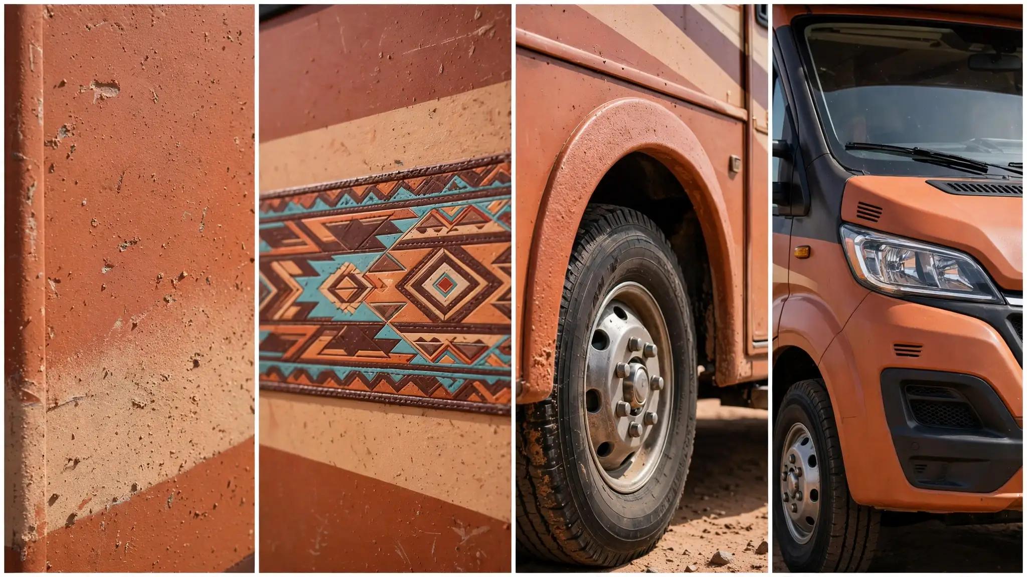 Four-panel detail collage of the desert sand and terracotta Southwest motorhome design