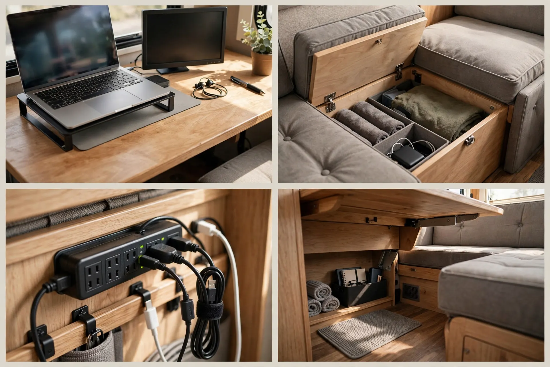 Four close up views of the dinette office conversion showing the desk surface with laptop and monitor, bench seat storage, a power strip with routed cables, and seating space under the table