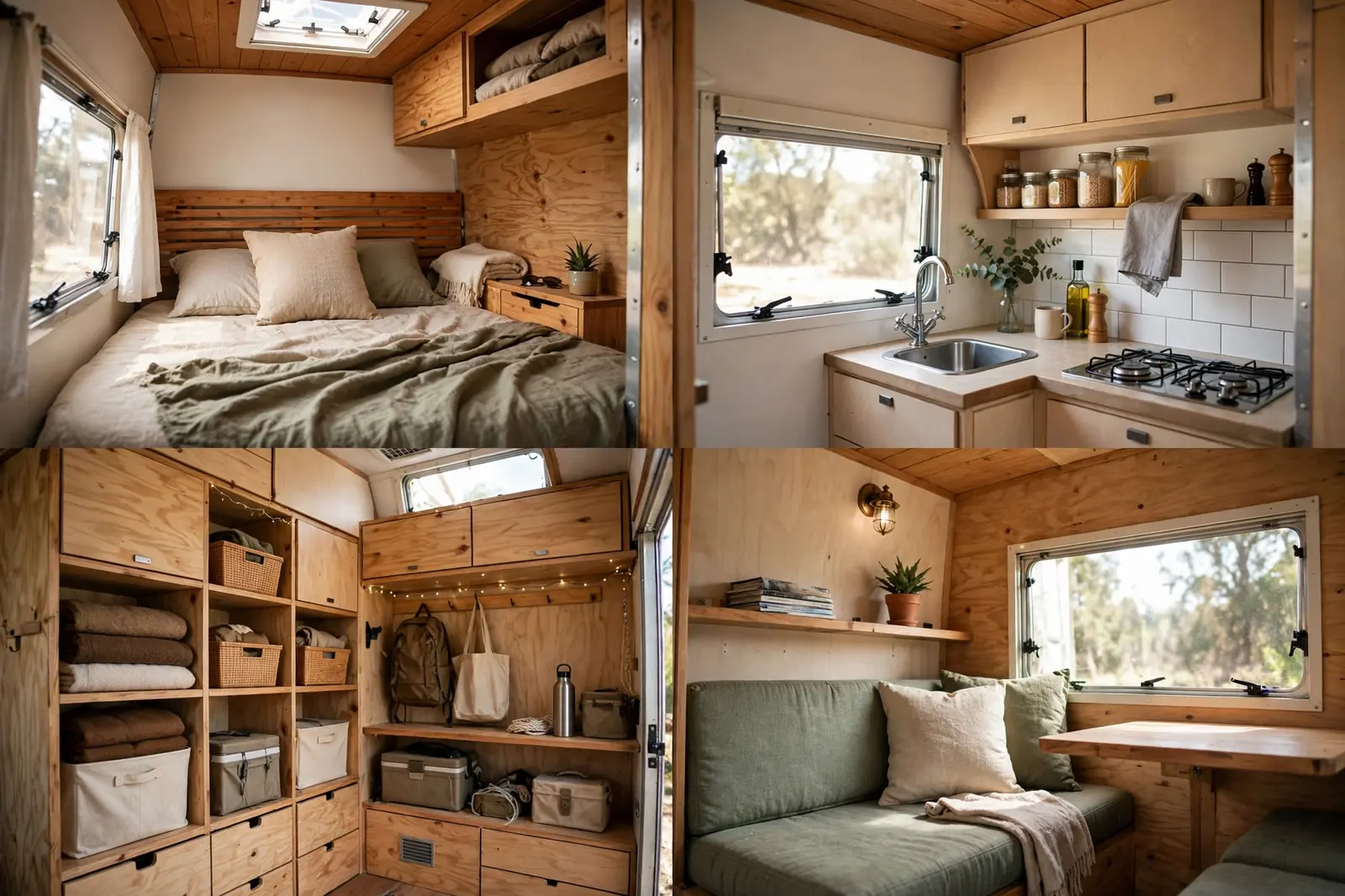 Four interior details of a micro cabin trailer: bed, kitchenette, storage wall, and seating area