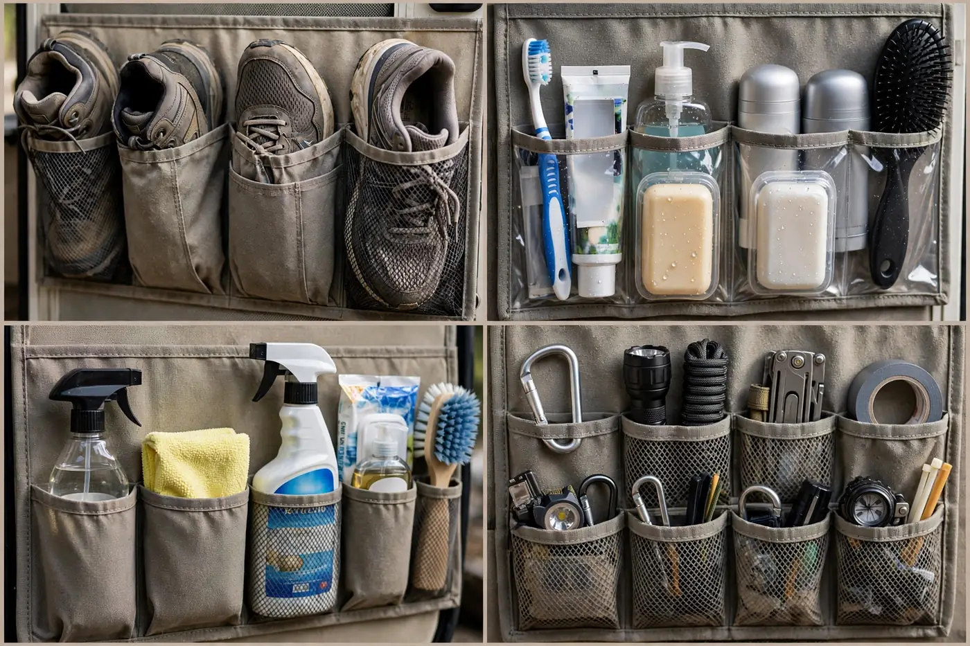 Close-up details of RV over-door pocket organizers: shoe pockets, toiletry pockets and cleaning supply pockets