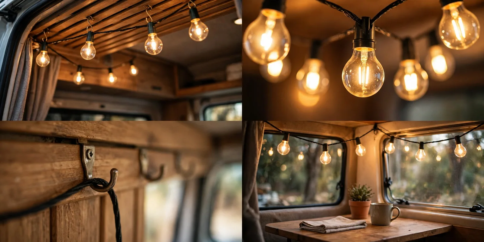 Four-panel detail collage of festoon string lights in a camper van showing glowing bulbs, hooks holding the wire, and lights over a table and near a window