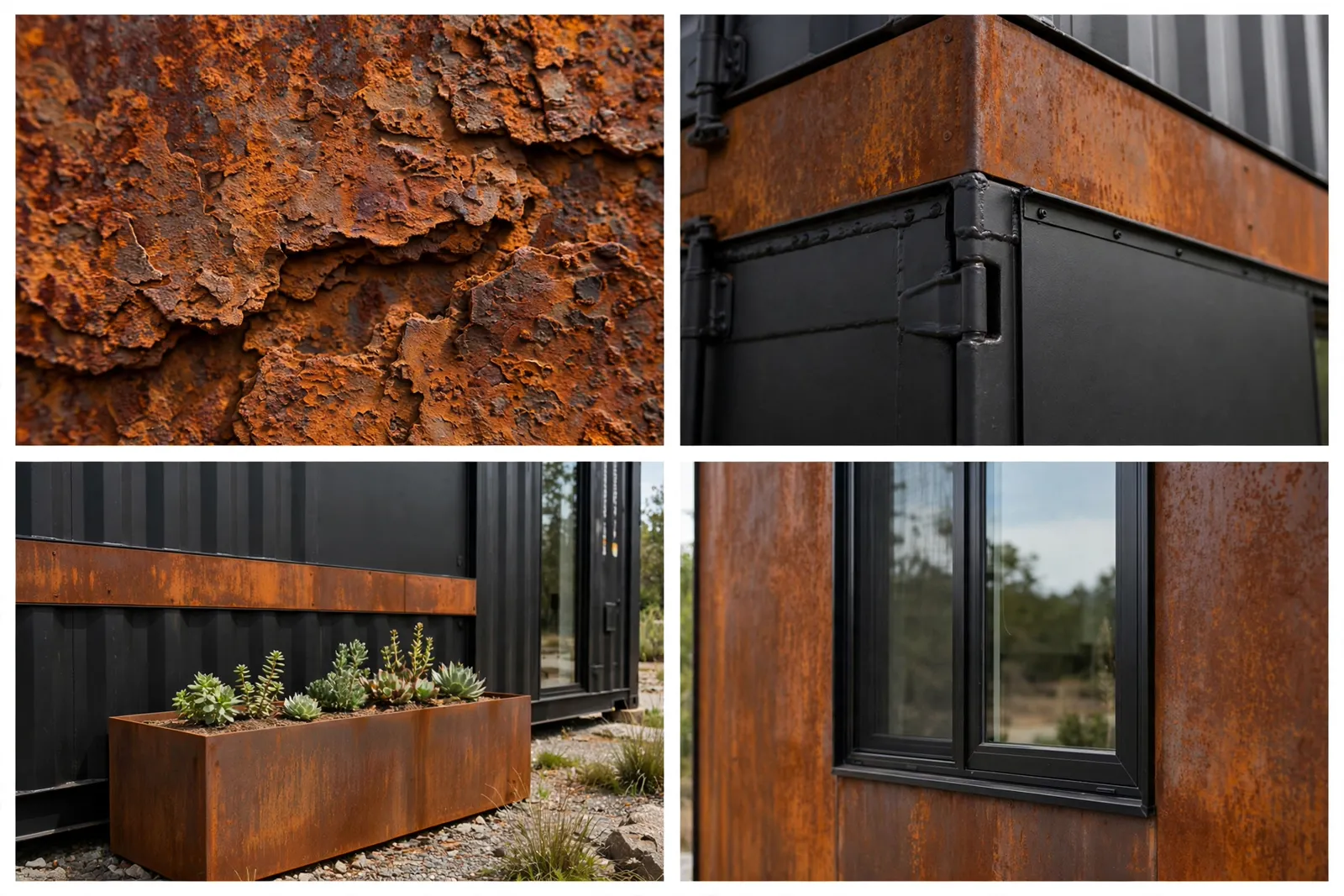 Four-panel collage: corten steel texture close-up, seam where corten meets black paint, corten planter box, black window frame against corten