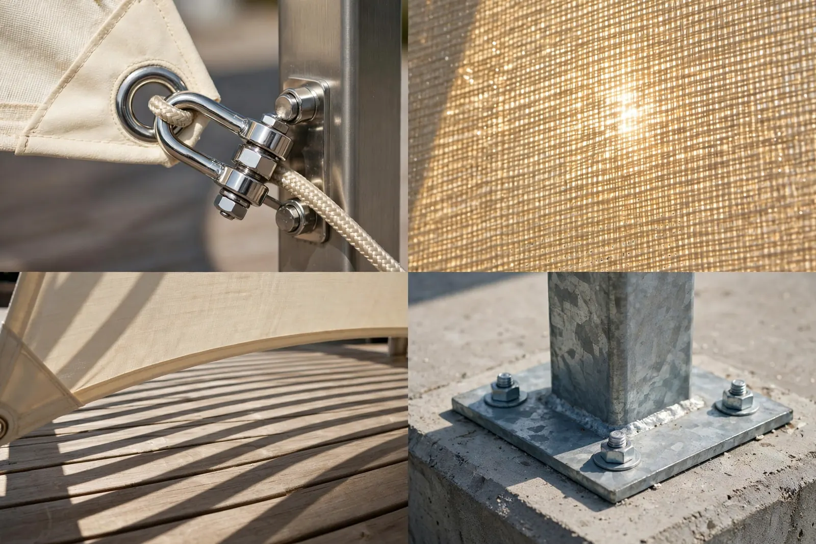 Four detail photos of shade sails: stainless tensioning hardware connecting a cream sail to a steel post, backlit UV shade fabric texture, curved sail shadows on wooden decking, and a galvanized post base bolted to a concrete footing.