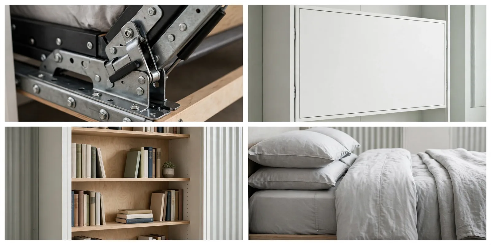 Murphy bed details: pivot hinge mechanism, folded-up wall cabinet, built-in bookshelves, grey bedding