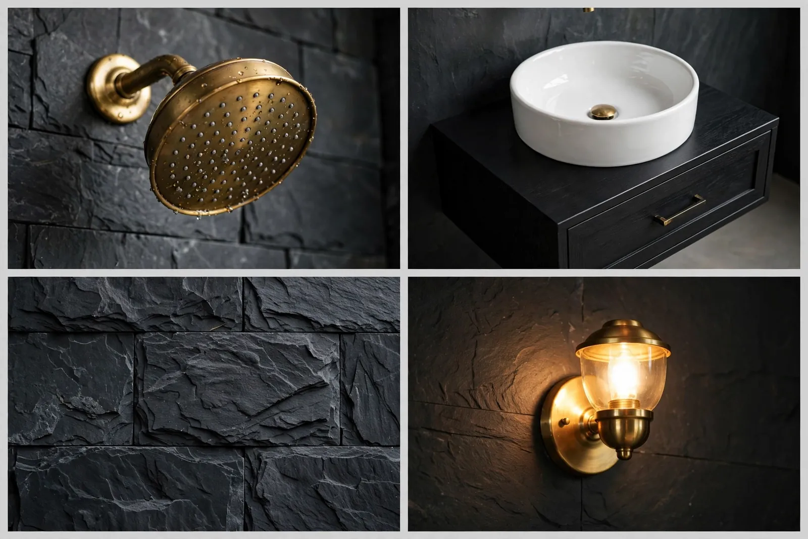 Four-panel collage of charcoal and brass bathroom details: brass rainfall shower, black vanity with vessel sink, slate tile texture and glowing wall sconce