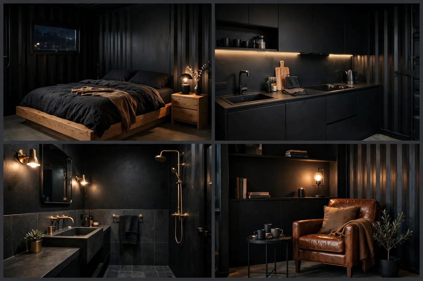 Four interior views of a matte black minimalist container studio: bedroom, kitchenette, bathroom and lounge