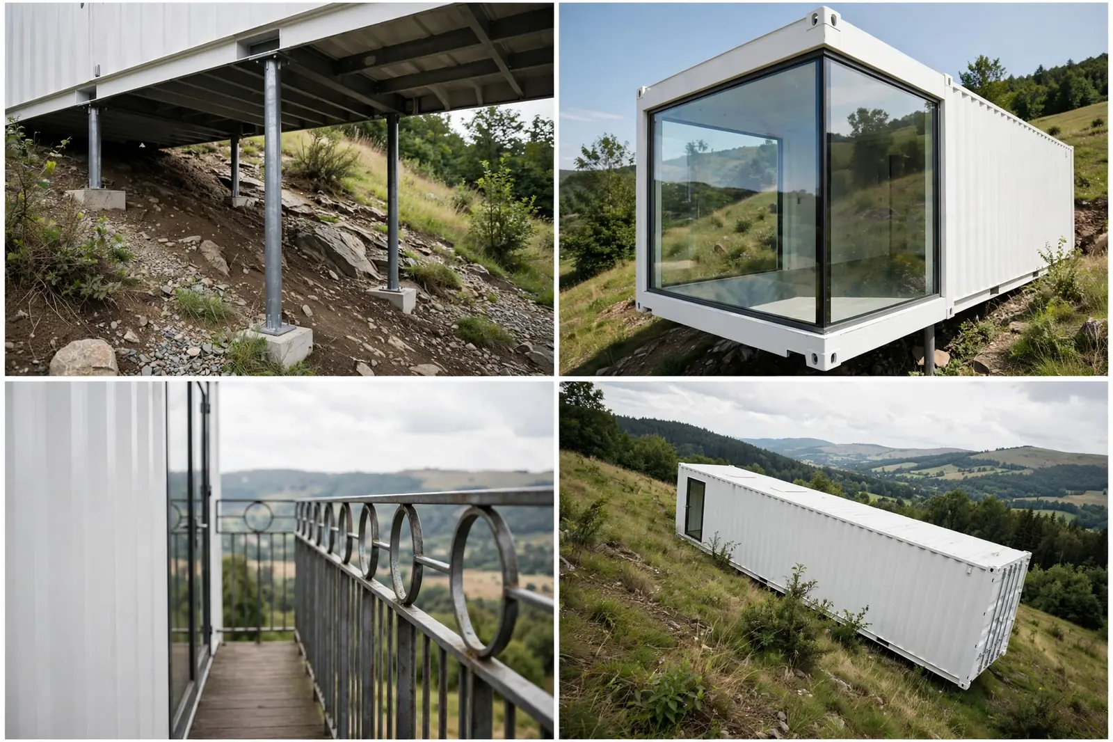 Four detail views of the Lookout Loft: steel support pillars, panoramic corner glass, observation deck railing, and the diagonal hillside placement.