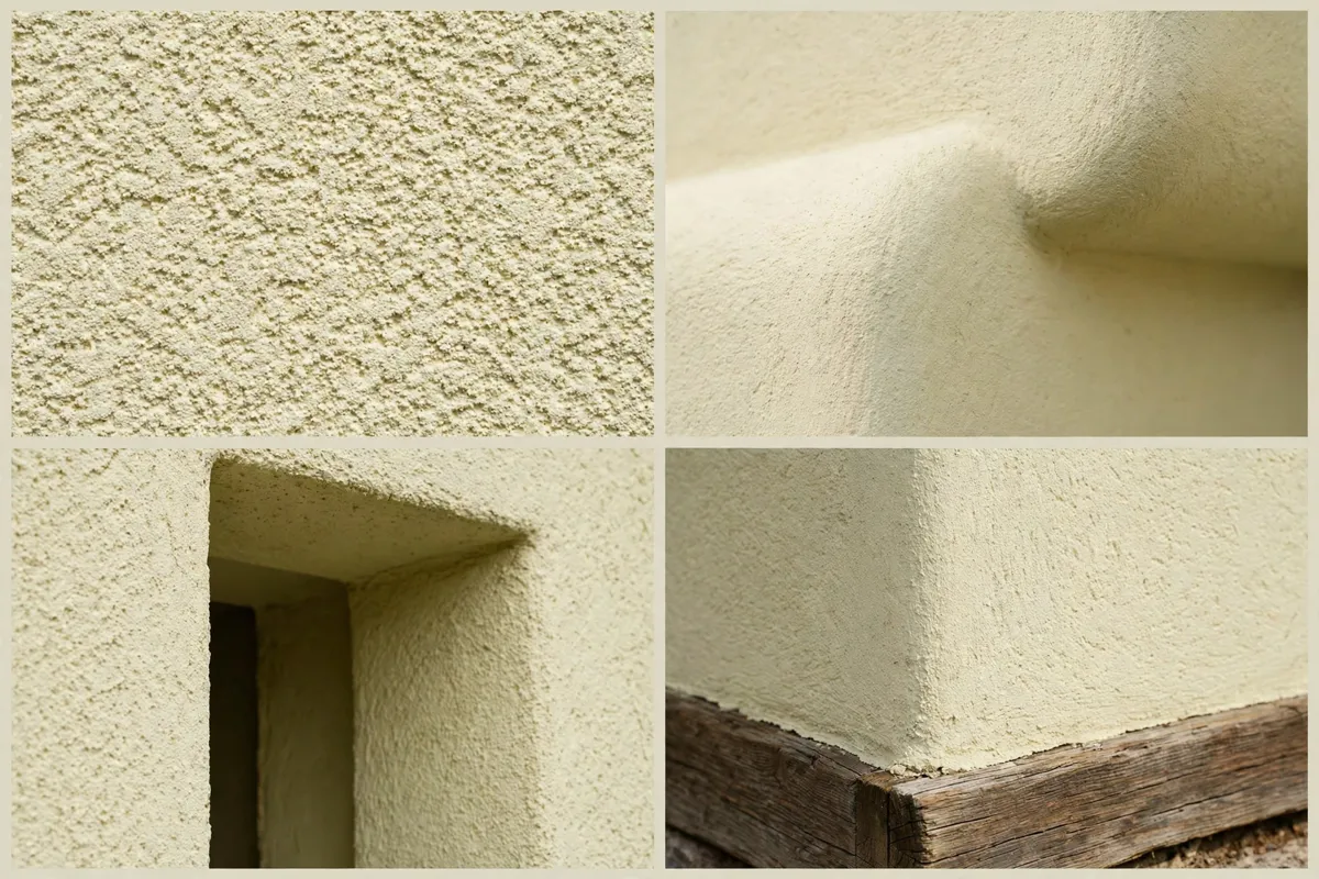 Lime stucco details: render texture, rounded corner, deep-set window reveal, and stucco-to-timber base junction