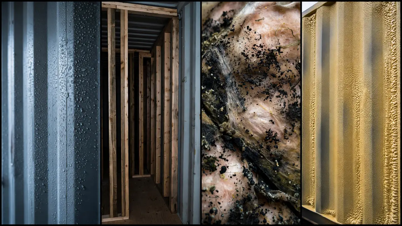 Insulation problem details: condensation droplets on bare steel, thick stud framing in a narrow hallway, mold-darkened insulation batt, exterior spray foam insulation
