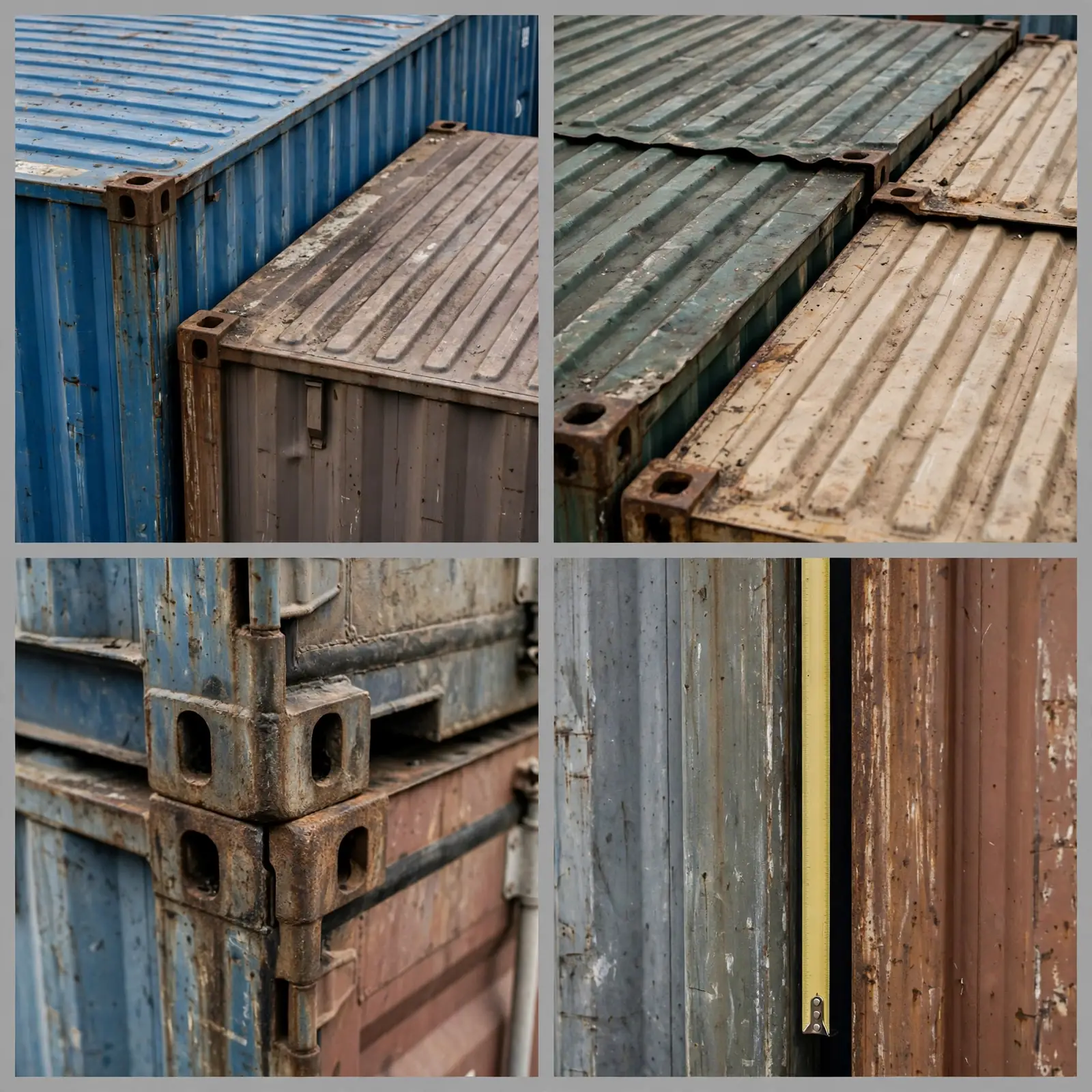 Collage showing roof height steps, mismatched corners and a tape measure comparison between containers