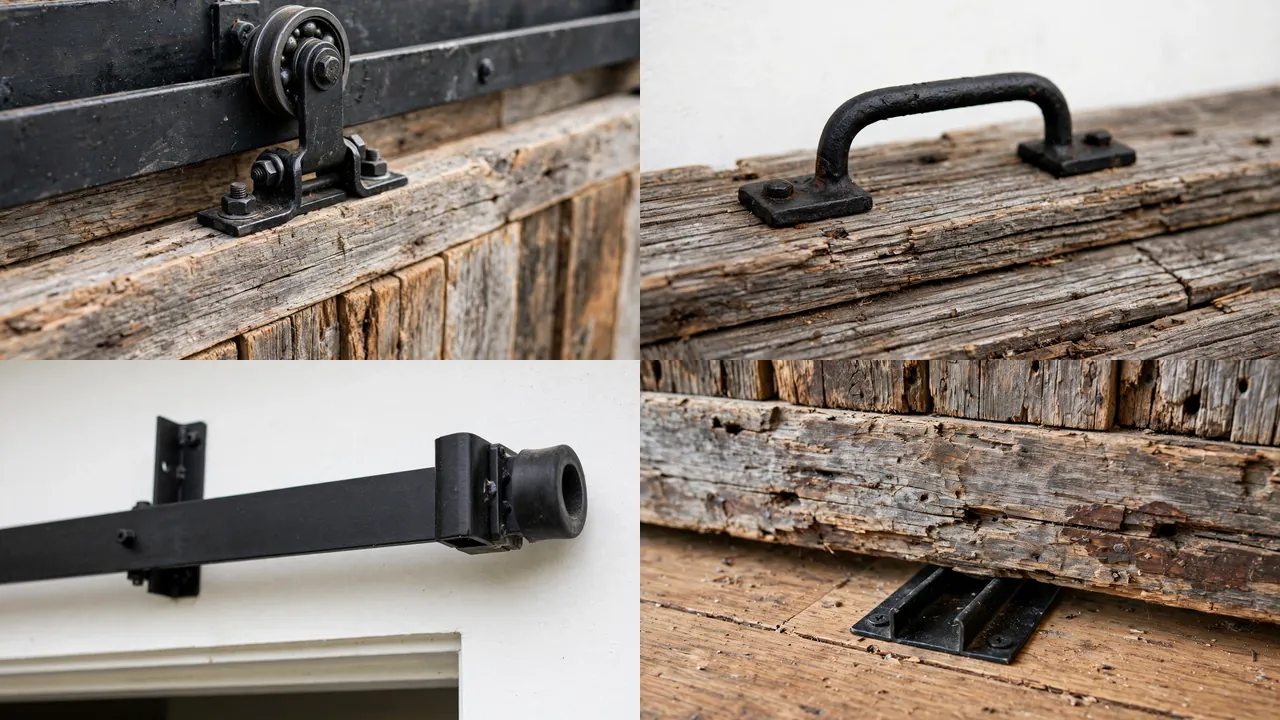 Close-up details of barn door rollers, iron handles, rail stops, and floor guides