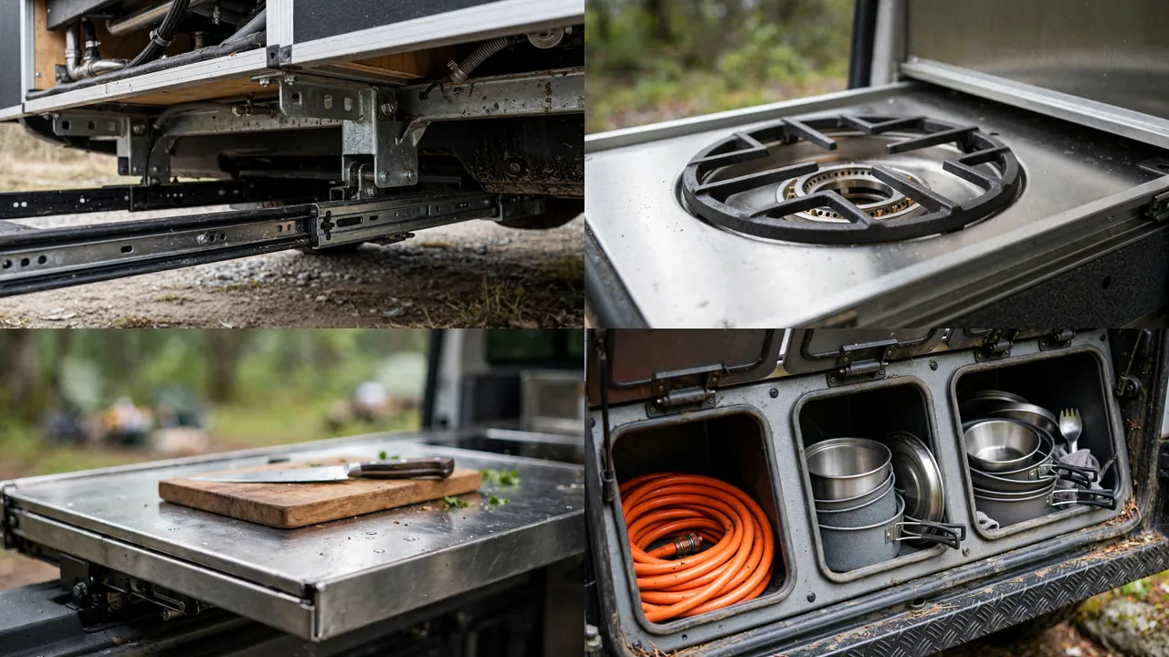 Close-up details of slide-out rails, outdoor burner, prep counter and storage cubbies