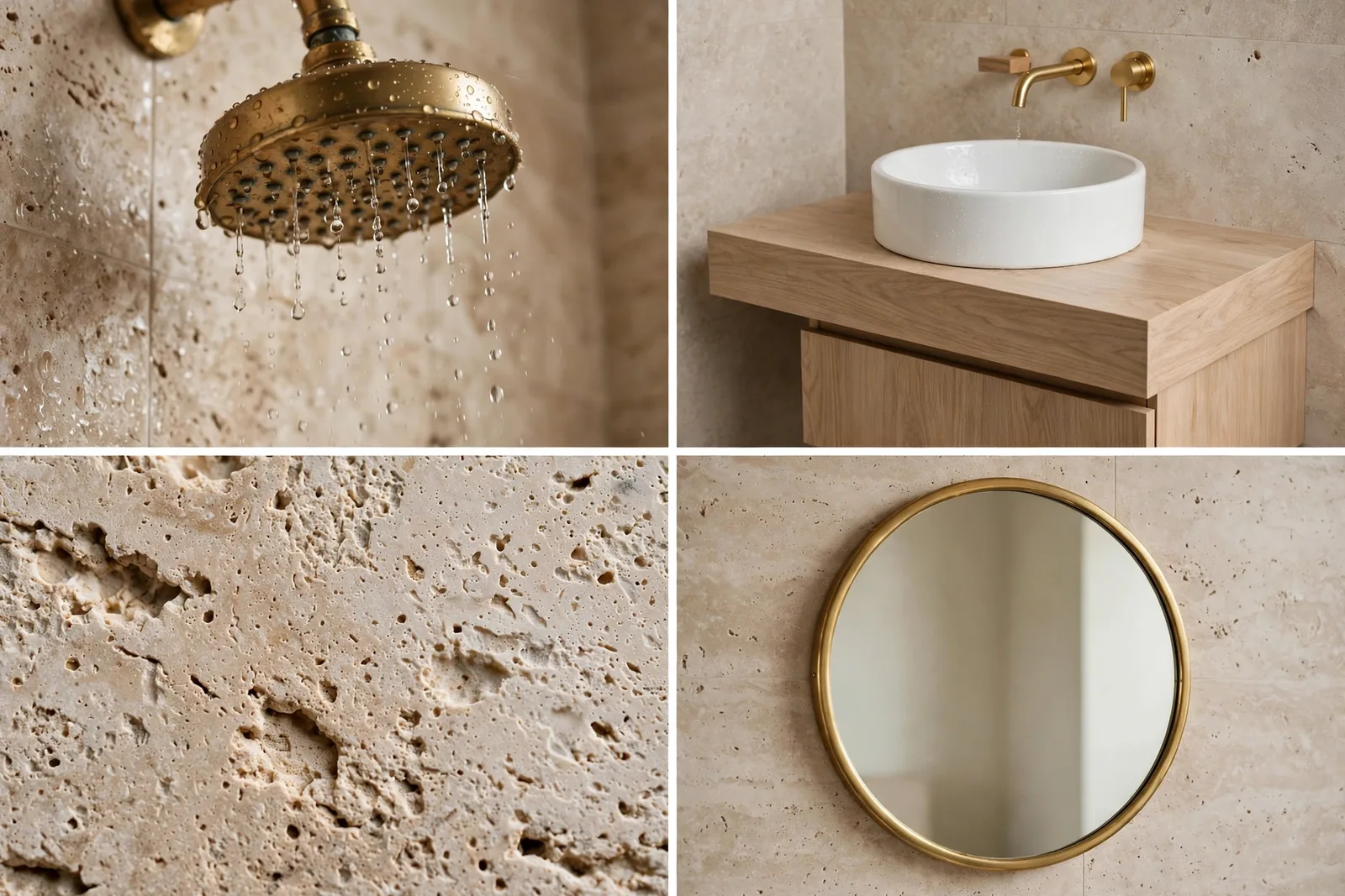 Detail collage: brass rain shower, oak vessel vanity, travertine texture, round brass mirror