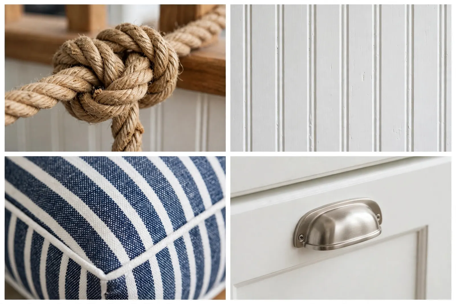 Four close-up detail shots in a 2x2 grid: a thick rope knot wrapped on a wooden post, white beadboard paneling, a navy-and-white striped cushion with piped edge, and a brushed-nickel cup pull on a white cabinet drawer.