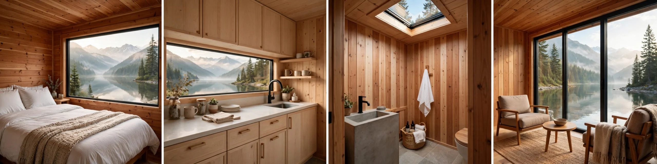 Interior collage of the lakeside cabin: lake-view bedroom, cedar kitchen, skylit bathroom, and living area behind floor-to-ceiling glass