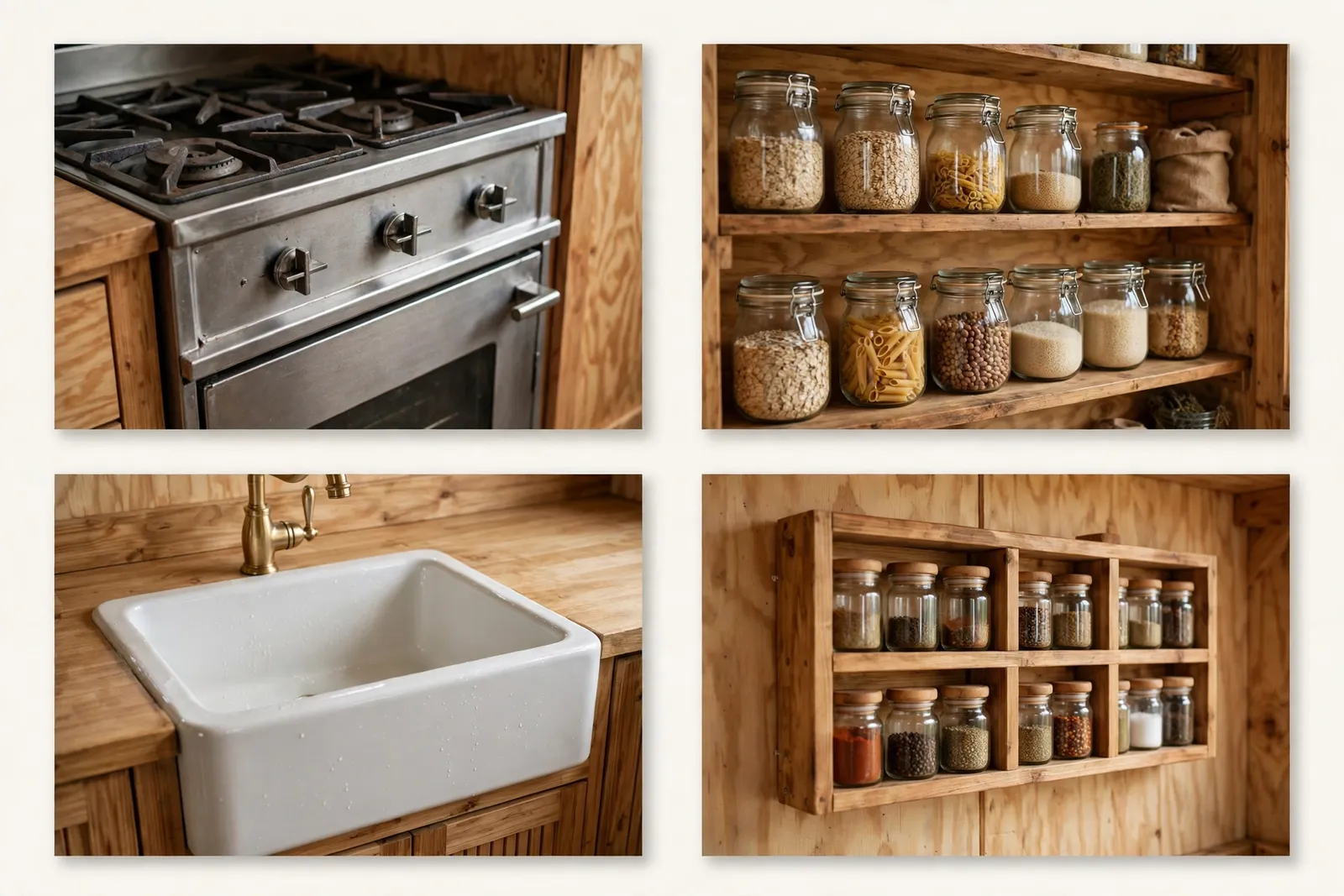 Skoolie kitchen details: range, open shelving, farmhouse sink, spice rack