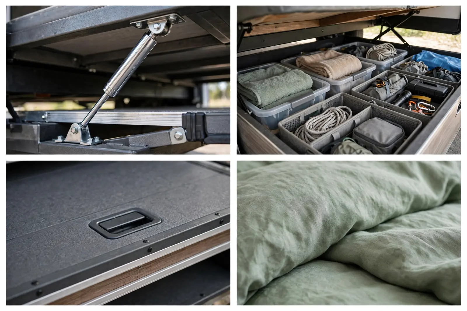 Four-panel collage showing hydraulic strut close-up, storage bin interior, lift handle detail, and bedding of the storage bed