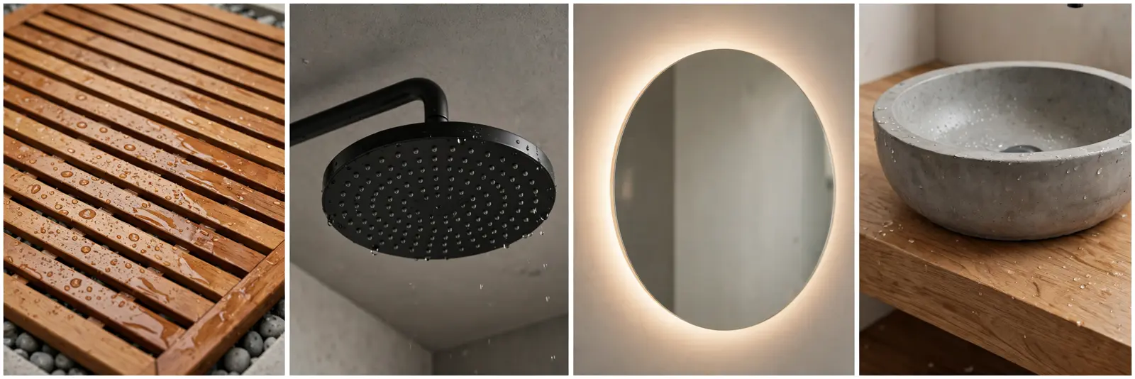 Four detail panels: teak slatted shower floor, matte black rainfall showerhead, round backlit mirror, concrete vessel sink