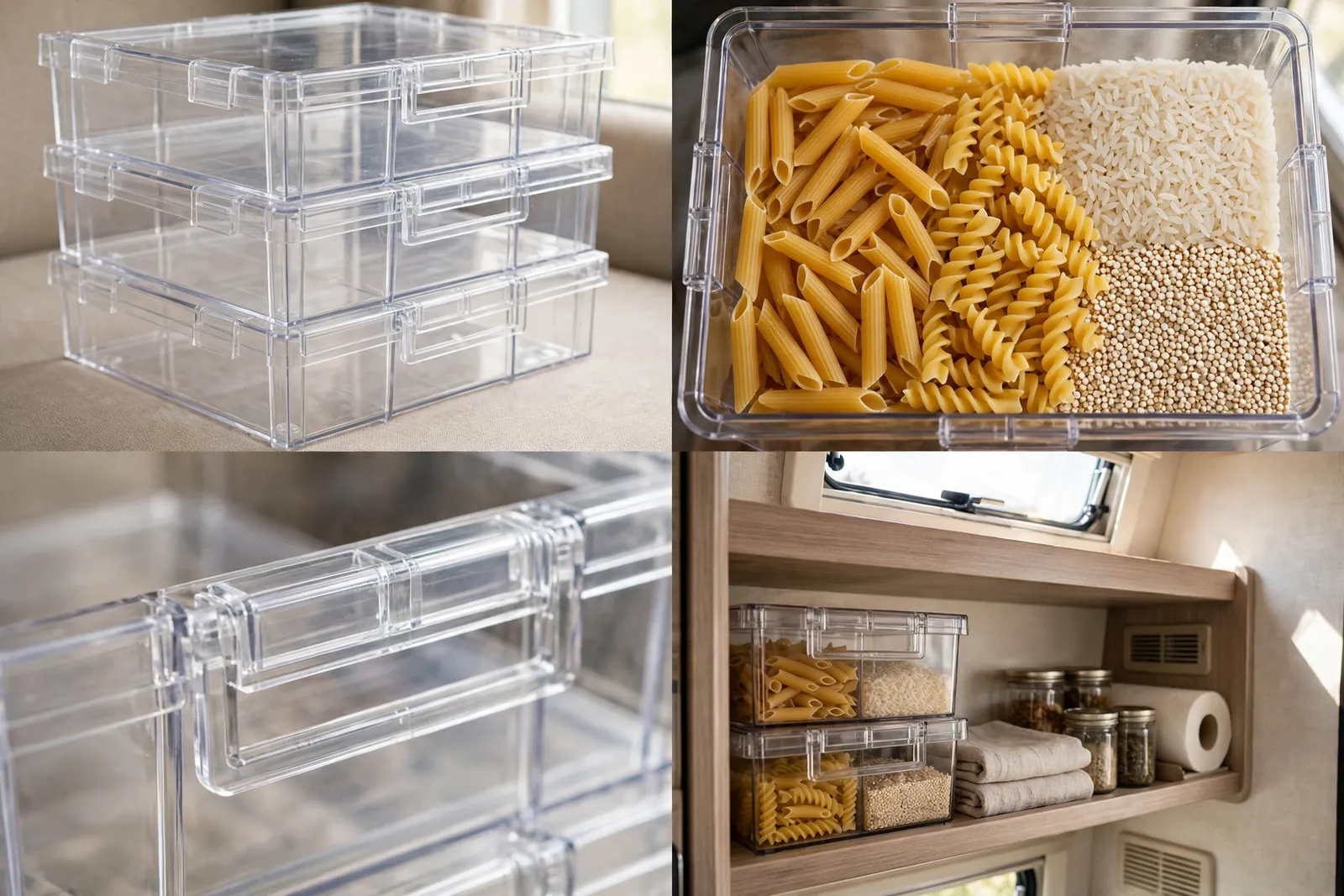 Detail collage: clear stackable bins, dry pasta and grains inside bins, bin handles, tidy RV pantry shelf
