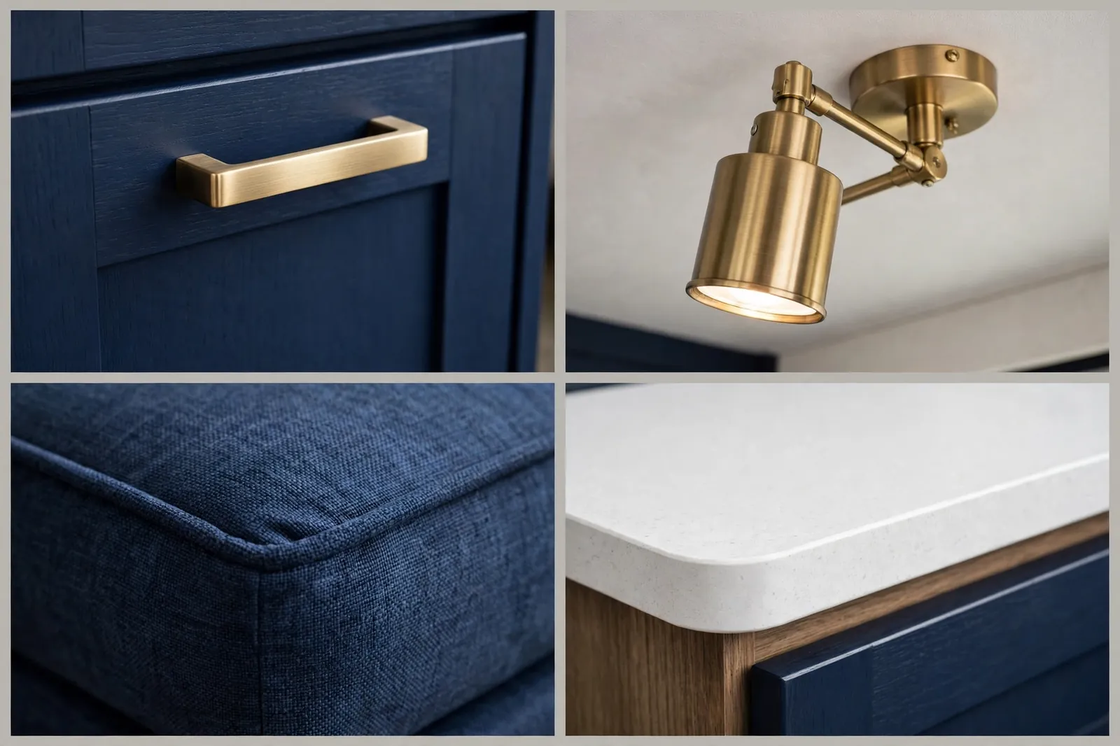 Deep navy and brushed brass motorhome detail collage