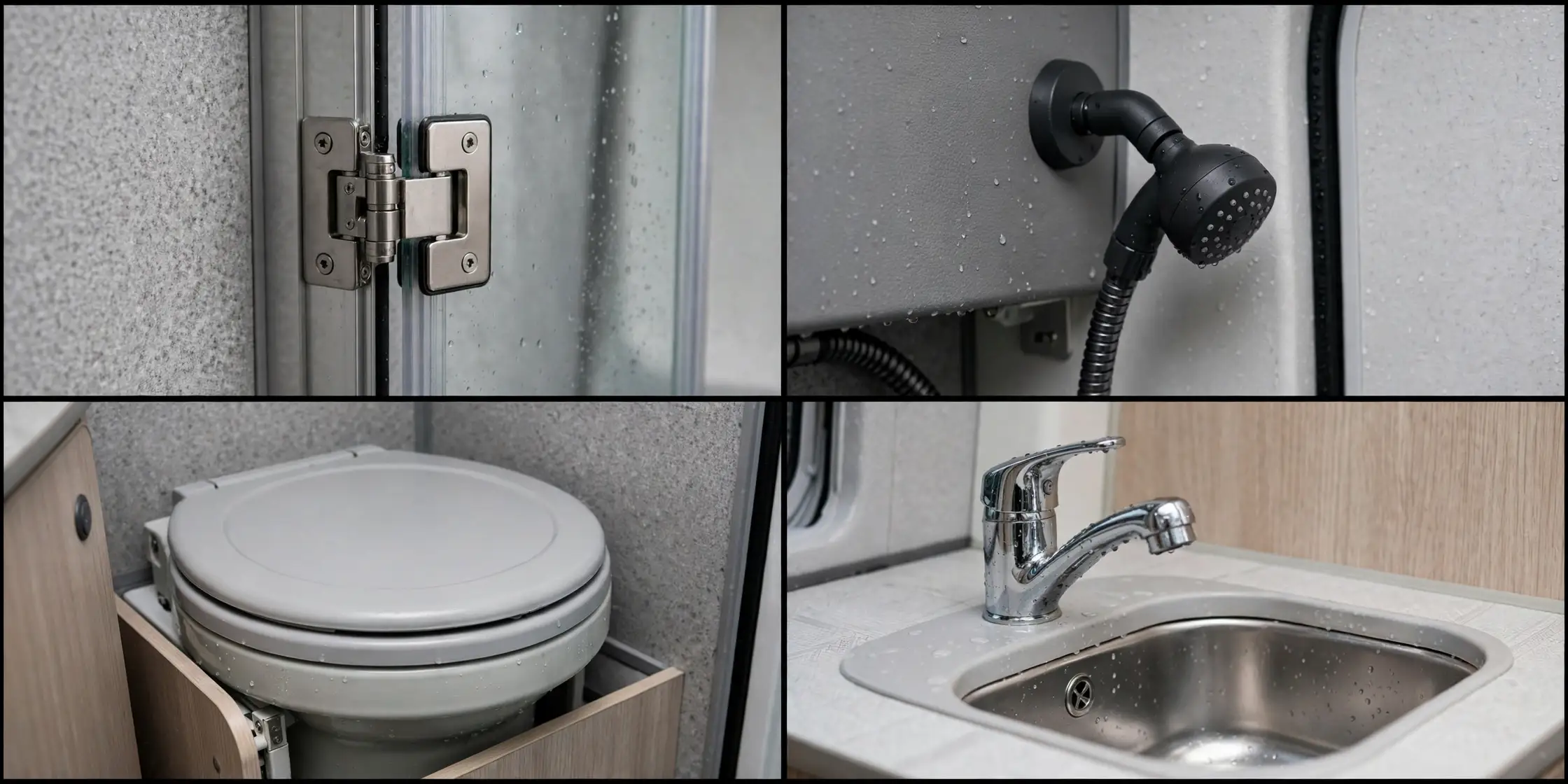 Close-up details of a folding glass screen camper van wet bath: screen hinge, shower head, toilet and faucet