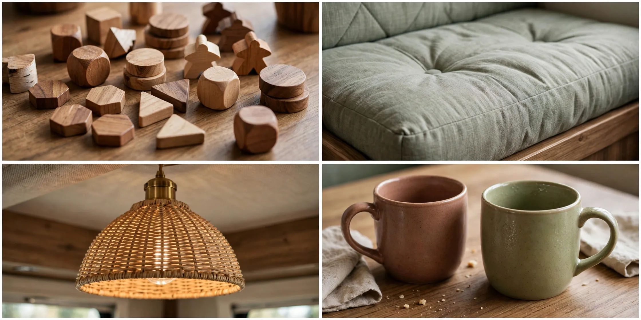 Close-up details of the RV dinette game corner: wooden game pieces, bench cushion, pendant light and mugs