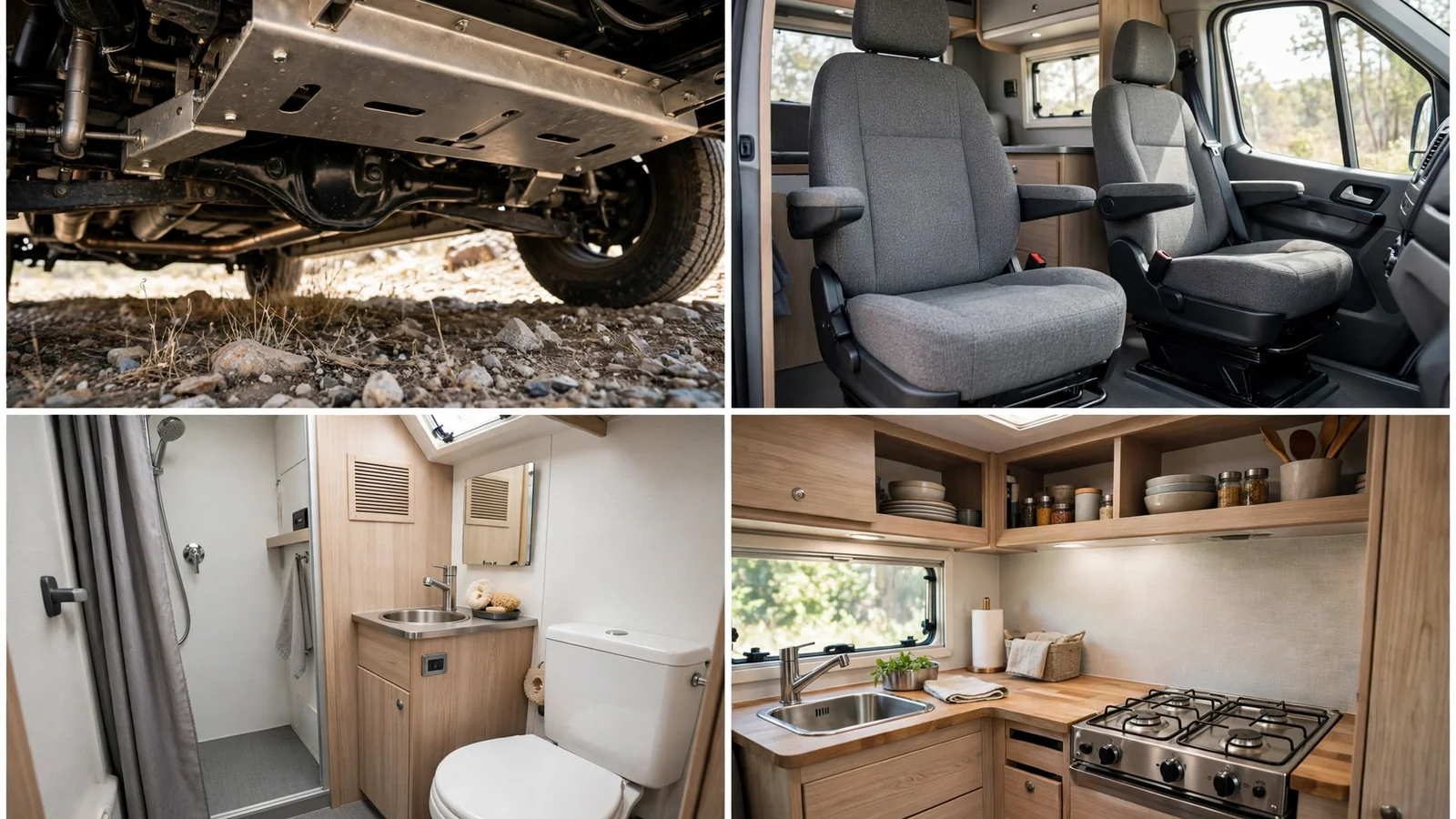 Four-panel detail collage of the Canyon Runner ProMaster showing skid plate, swivel seats, bathroom and galley