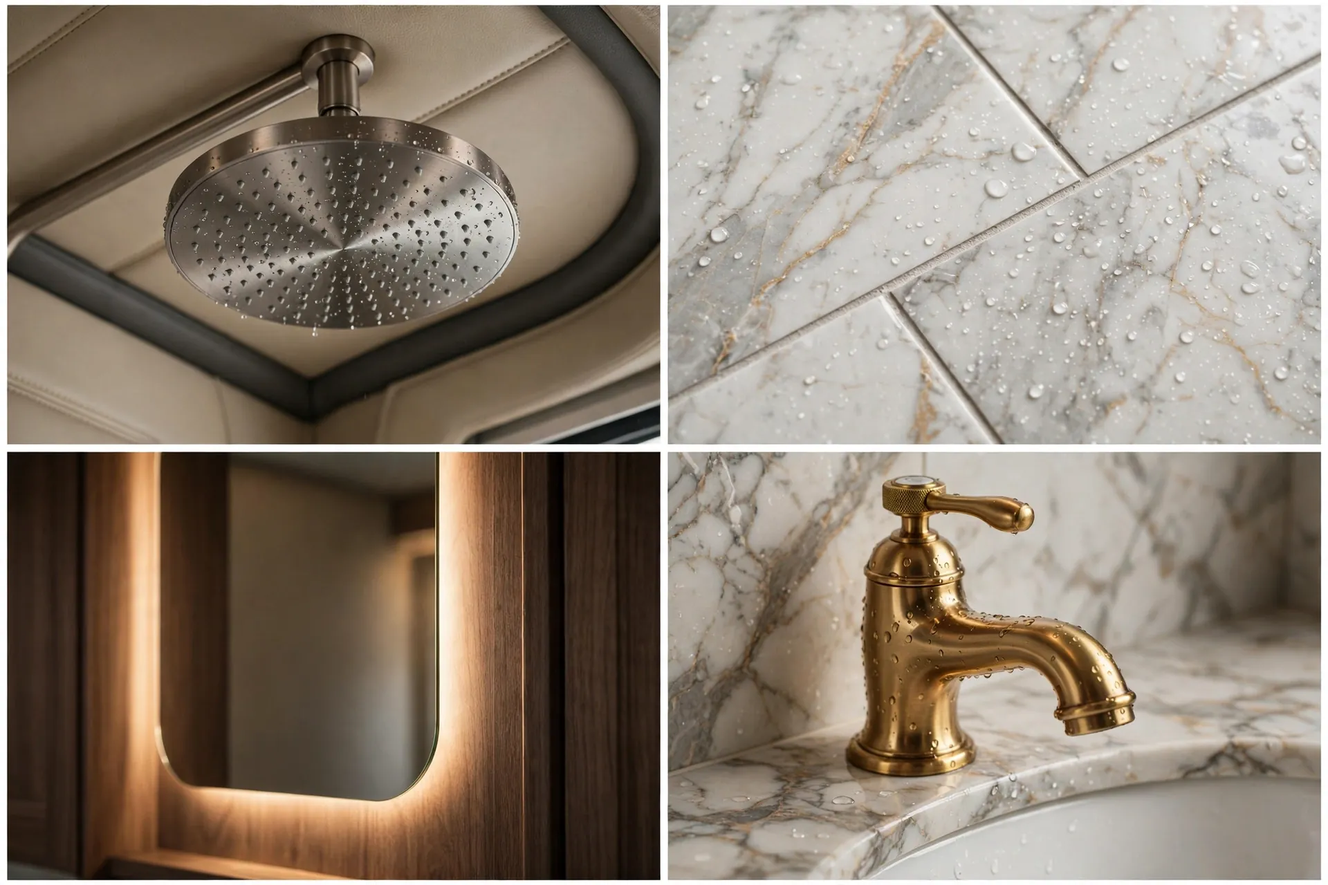 Detail collage of rainfall showerhead, marble look tile, backlit mirror and brass faucet
