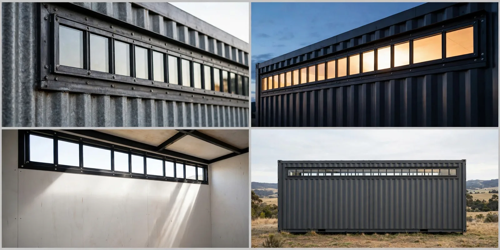 Four-panel collage of the clerestory strip: steel frame close-up, dusk glow, interior daylight wash, full strip from a distance