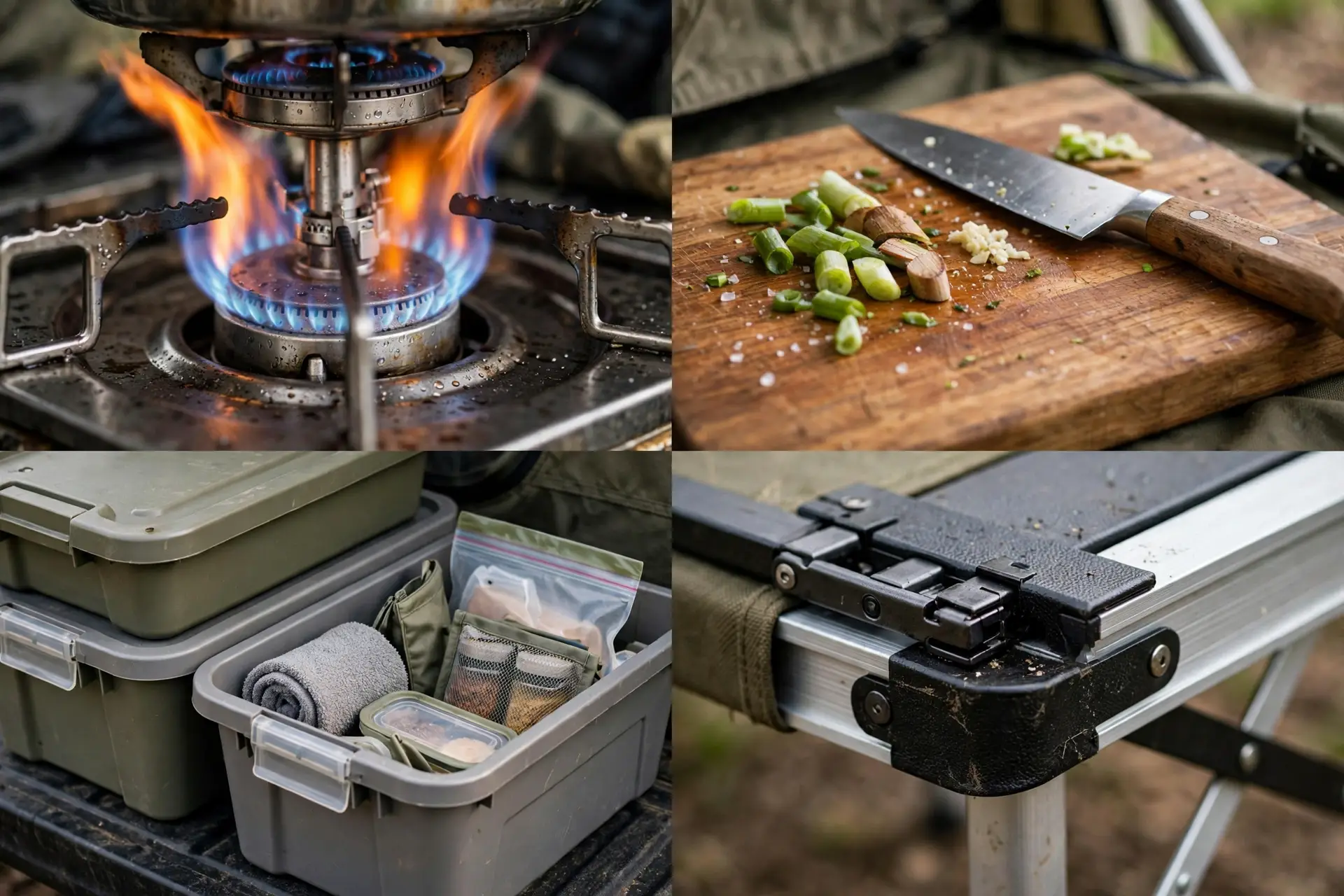 Detail collage of the tailgate kitchen: stove, cutting board, storage bins, table hinge