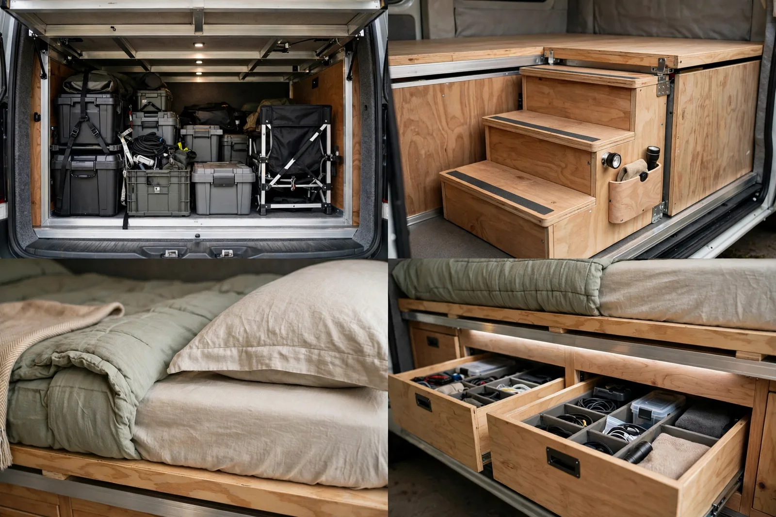 Four-panel detail collage of a fixed raised platform bed over a camper van garage, showing the rear garage storage, wooden bed steps, made-up sage-green bedding, and open under-bed drawers